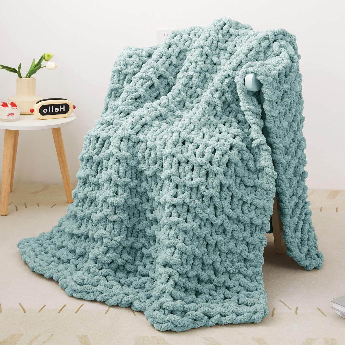 Mooreeke Chunky Knit Blanket 50'X60' Aqua Blue Soft Washable Chenille Throw Blanket Cozy 100% Handmade Crochet Blankets With J