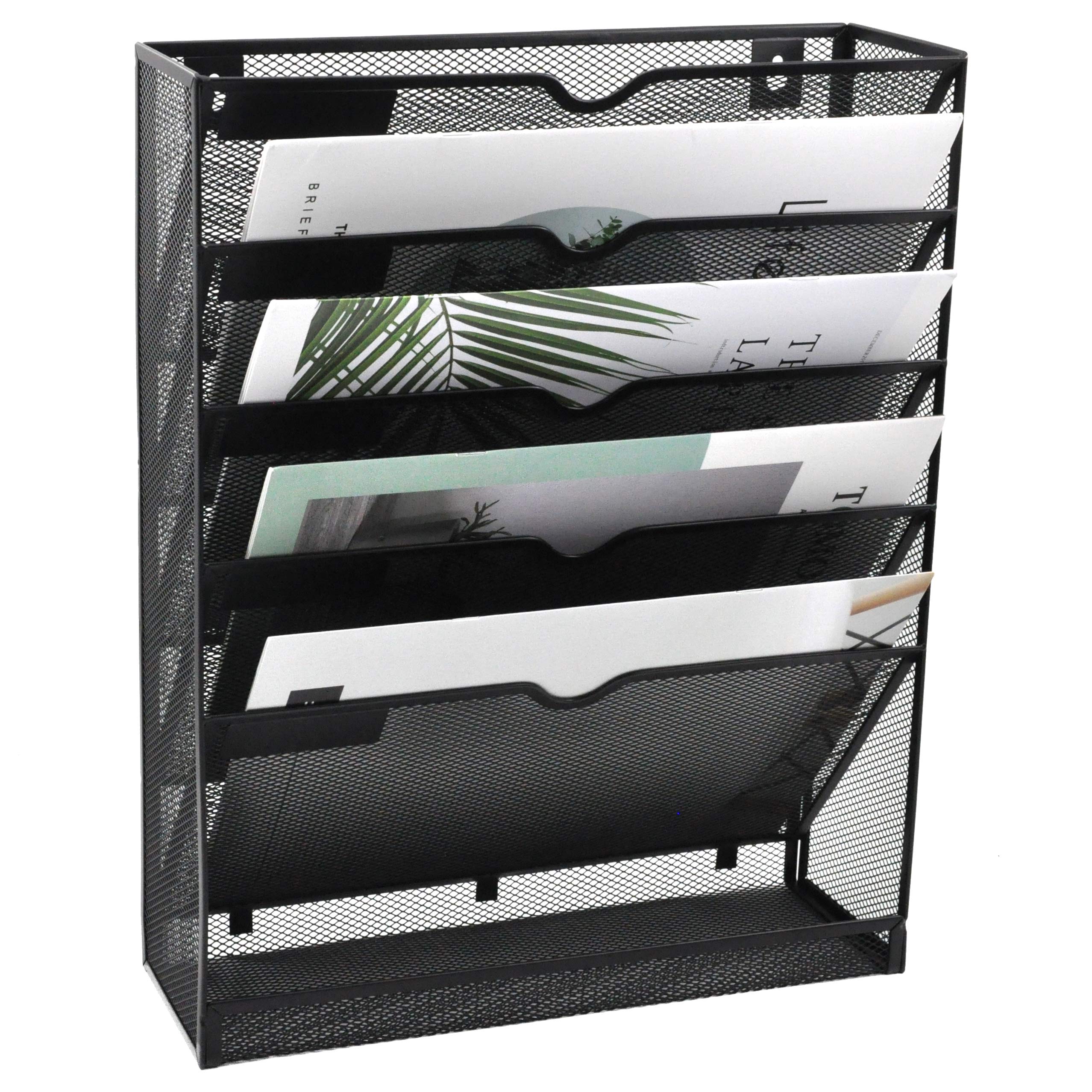 Easepres Mesh Wall File Organizer 5 Tier Vertical Mount Hanging Holder Magazine Rack With Bottom Flat Tray, Sides Closed, Black