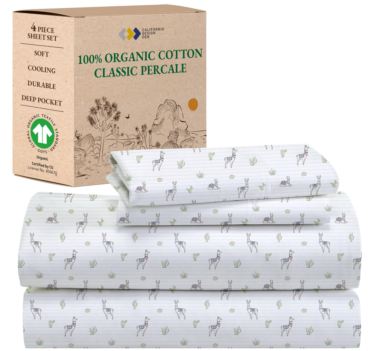 California Design Den Printed Luxury Sheets King Size, 100% Organic Cotton Percale Sheets, Deep Pocket King Sheets & Pillowcase