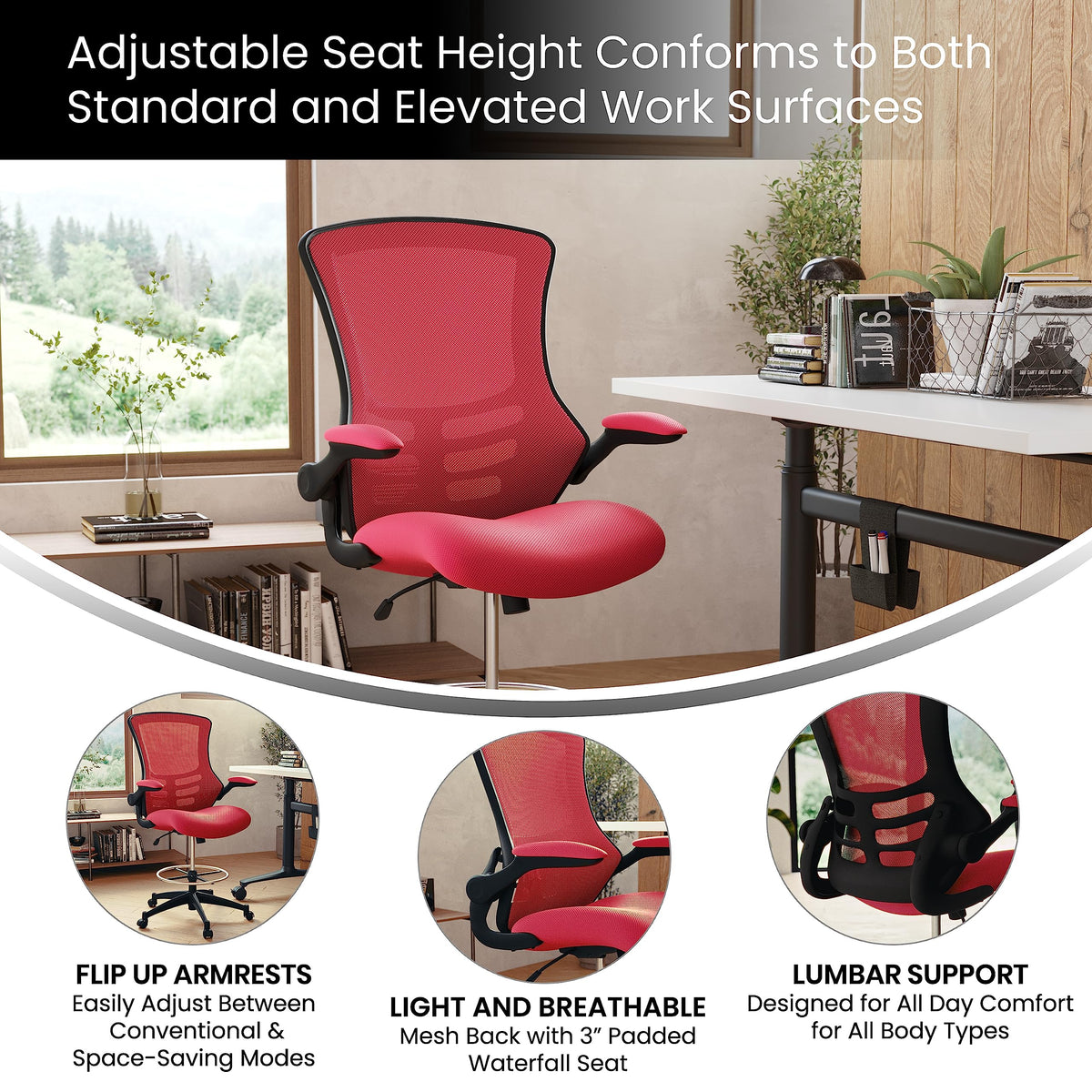 Flash Furniture Kelista Mid-Back Swivel Office Chair with Adjustable Seat Height, Ergonomic Mesh Desk Chair with Flip-Up Armrests, Red