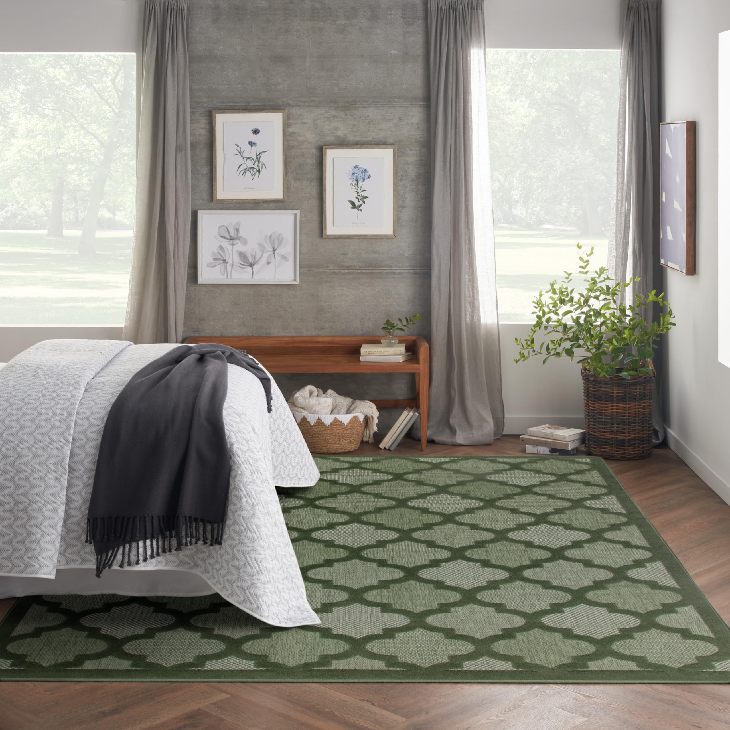 Nourison Easy Care Modern Indoor/Outdoor Green 8' X 10' Area Rug, Easy Cleaning, Non Shedding, Bed Room, Living Room, Dining Room, Backyard, Deck, Patio (8X10)