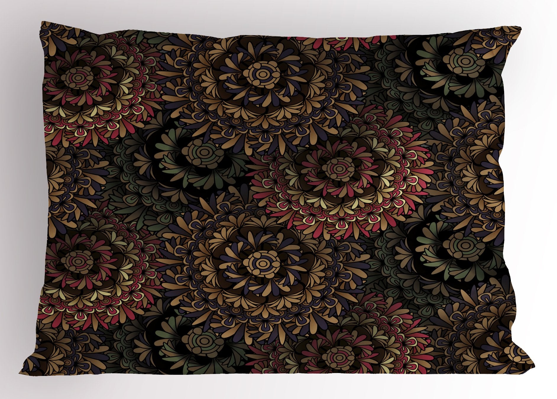 Lunarable Psychedelic Pillow Sham, Dark Eastern Mandala Patterns Large Flowers Retro Bohemian Fantasy Garden Theme, Decorative S