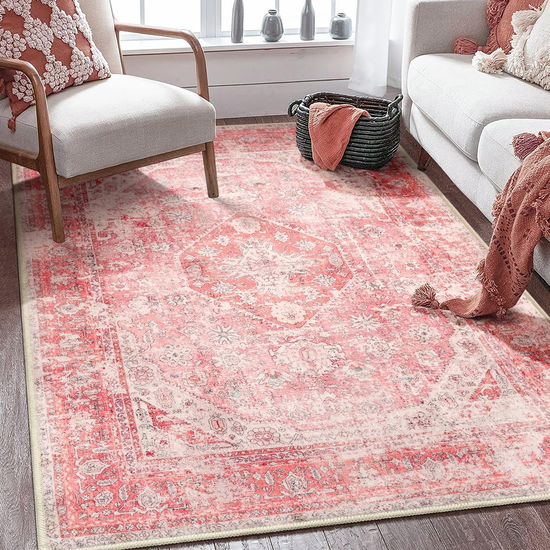 MUJOO Pink Rugs for Bedroom 4x6.5 Area Rugs Girls Boho Rugs for Living Room Washable Rug Non Slip Throw Carpet for Bedside Dorm 