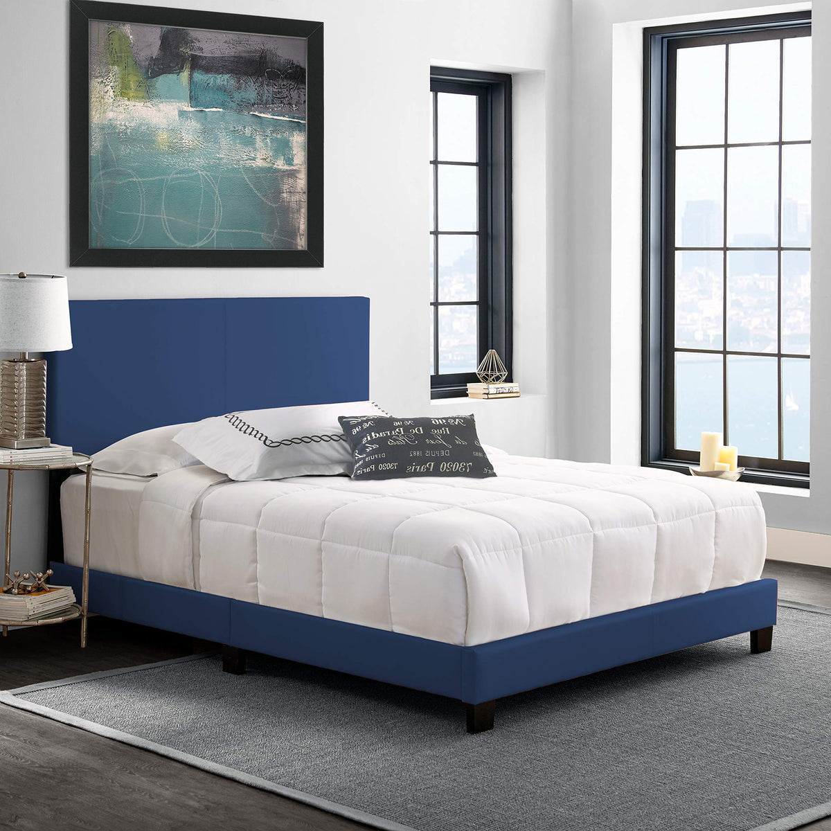 Boyd Sleep Montana Upholstered Platform Bed Frame Mattress Foundation With Headboard And Strong Wood Slat Supports: Faux Leather, Blue, Full