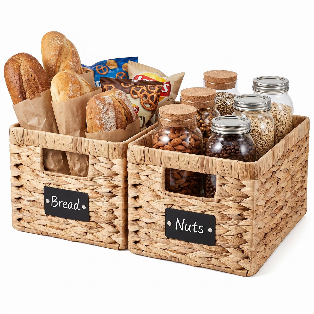 Water Hyacinth Storage Baskets, Wicker Organizer Bins with Labels, 2 Pack