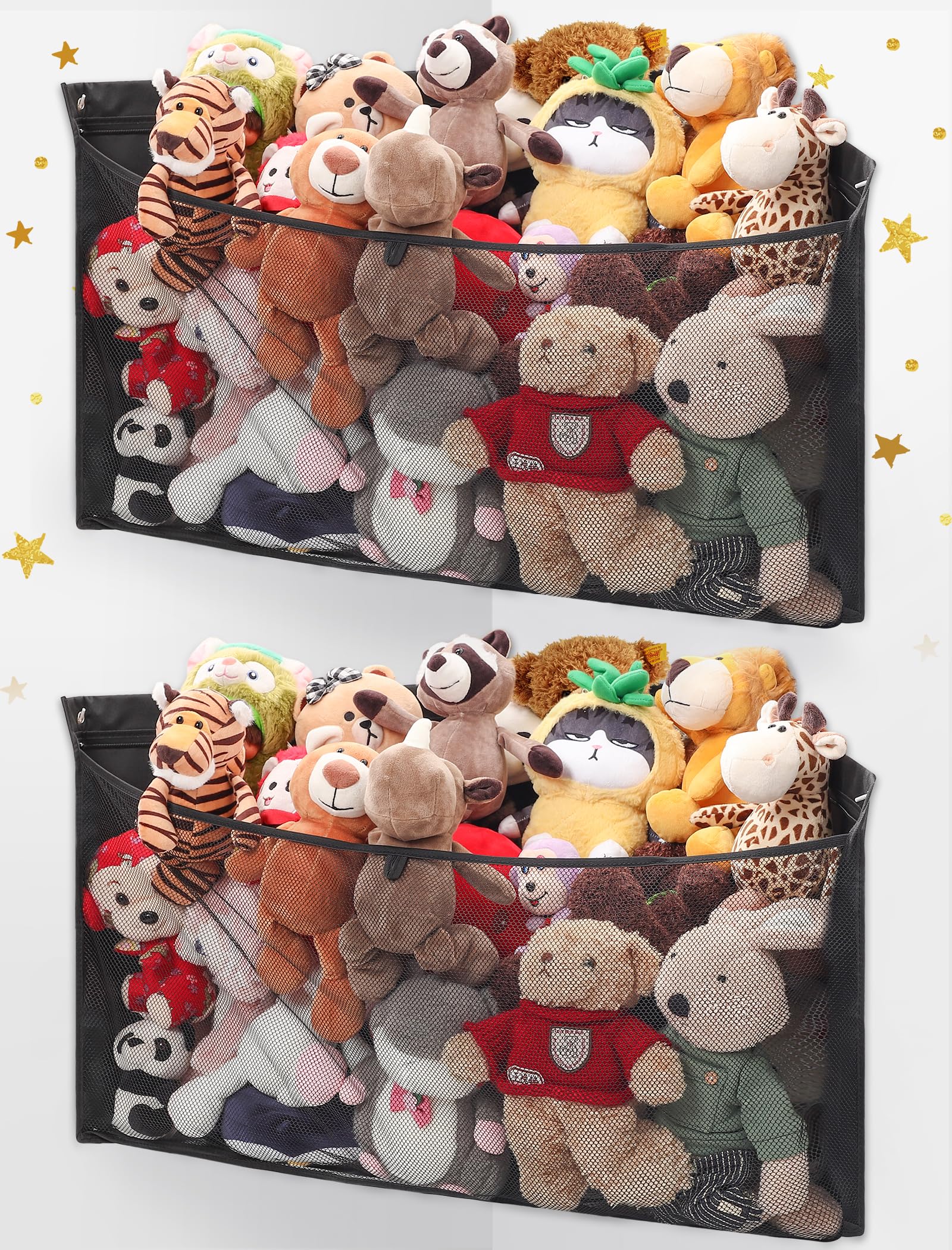 ANROYE 2PCS Large Corner Stuffed Animal Storage, Kids Plushies Toy Black Wall Hammock for Girls Room, Baby Squishmallow Holder f