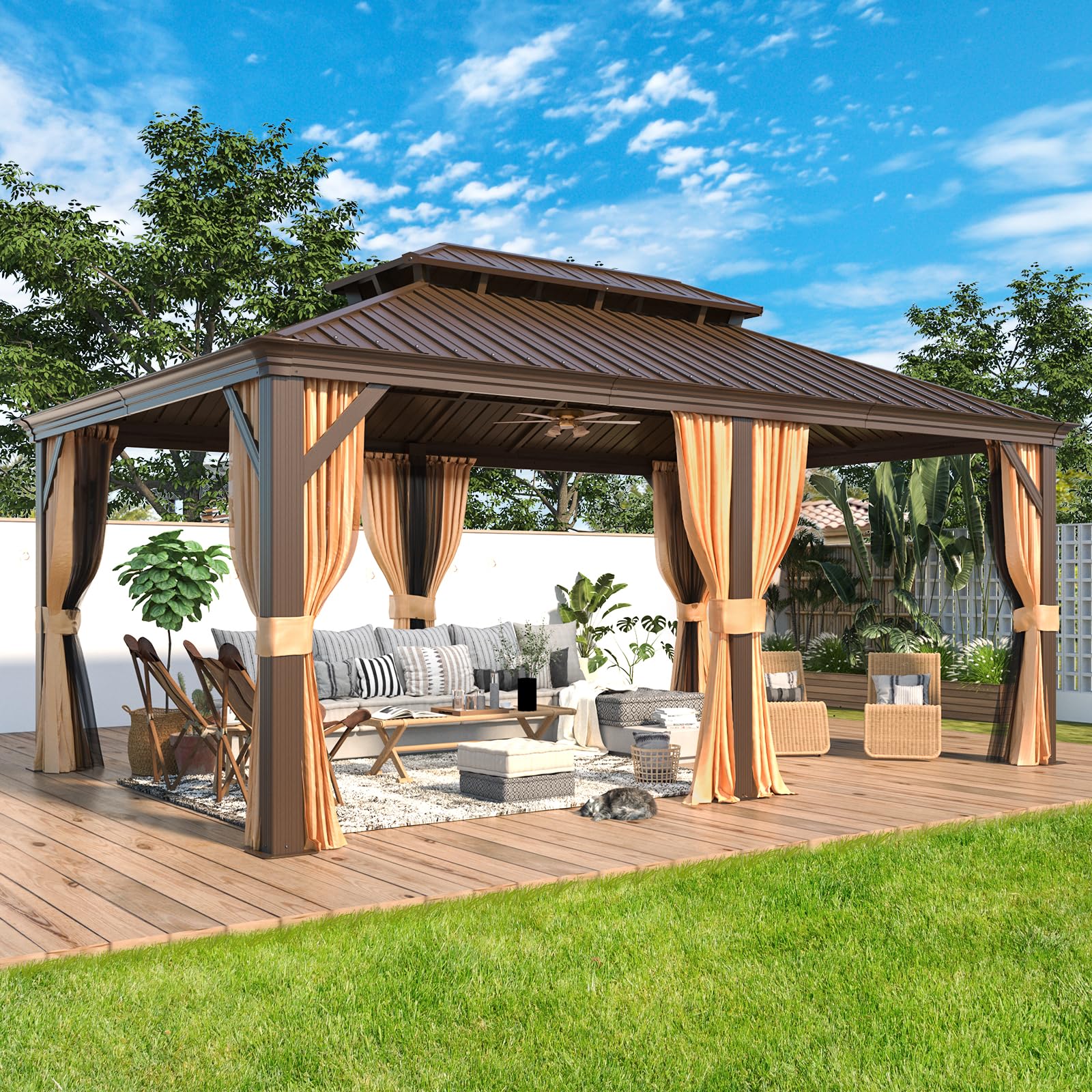 Mellcom 12' X 18' Hardtop Gazebo,Galvanized Steel Metal Double Roof Gazebo With Curtain And Netting,Brown Permanent Pavilion Gaz