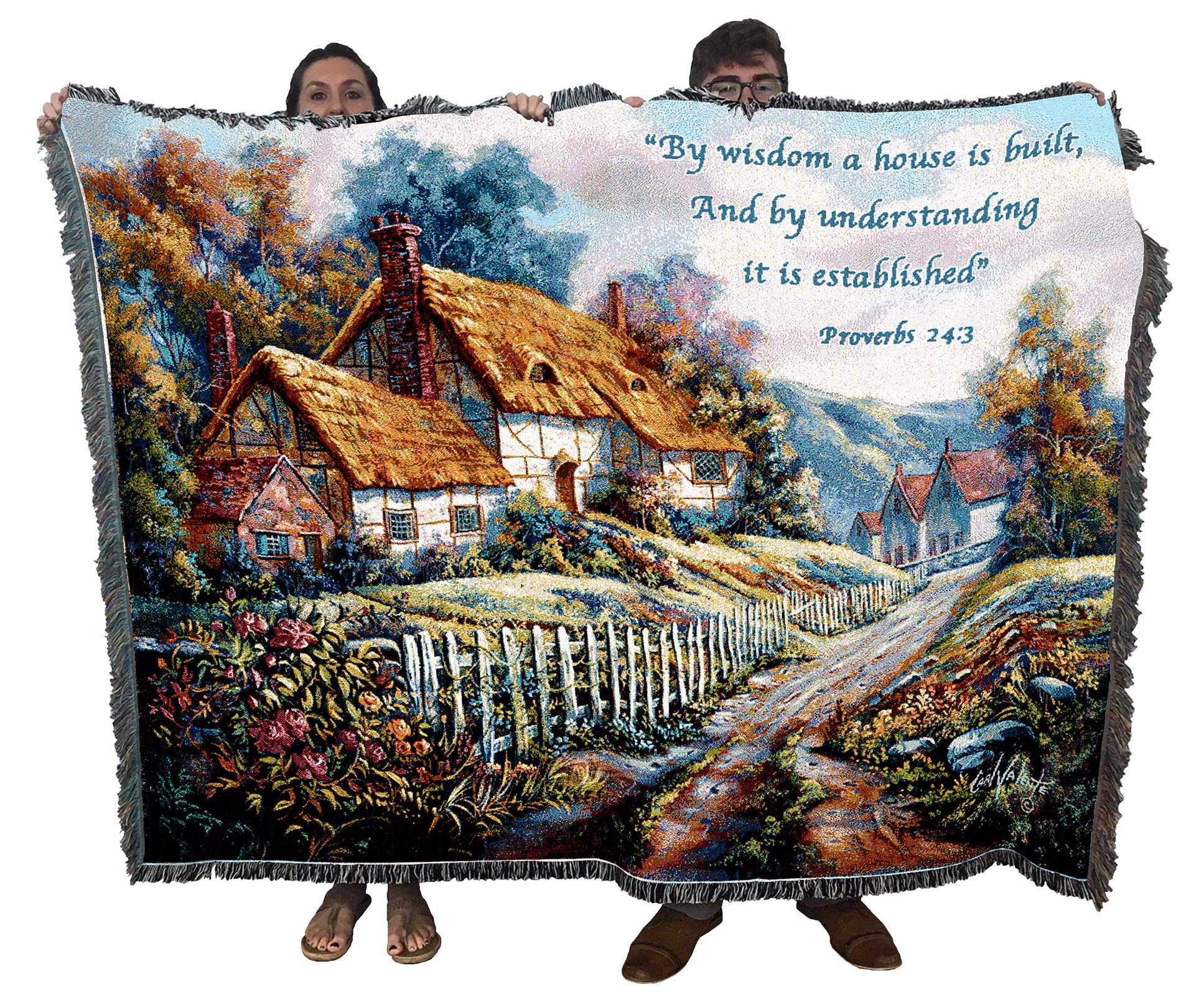 Pure Country Weavers Clospie Village Garden Blanket - Scriptures - Proverbs 24:3 - Religious Gift Tapestry Throw Woven From Cott