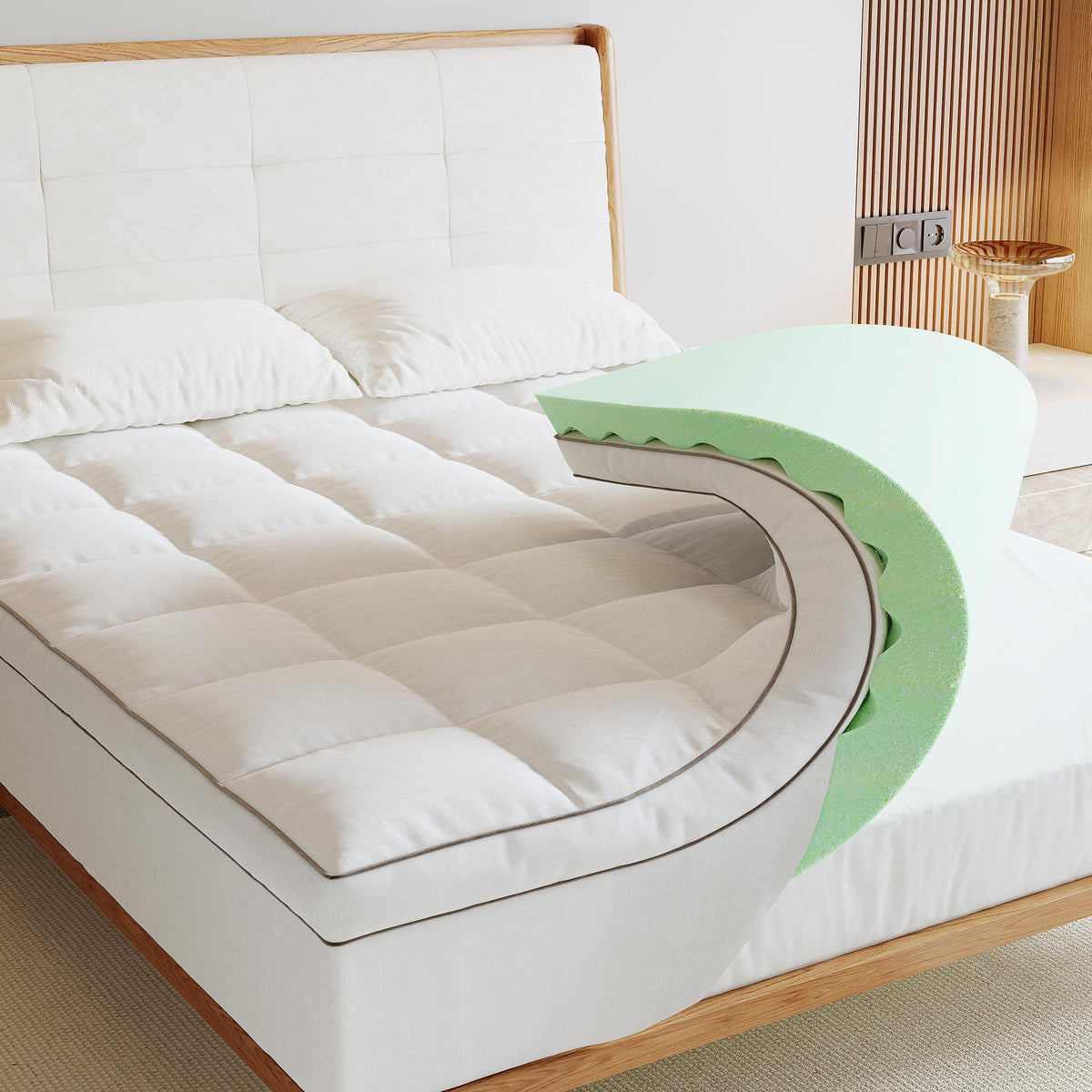 Lazyzizi Memory Foam Mattress Topper King, 4Inch Dual Layer Cooling 2'Gel Green Tea Memory Foam & 2' Pillowtop Mattress Pad, 8