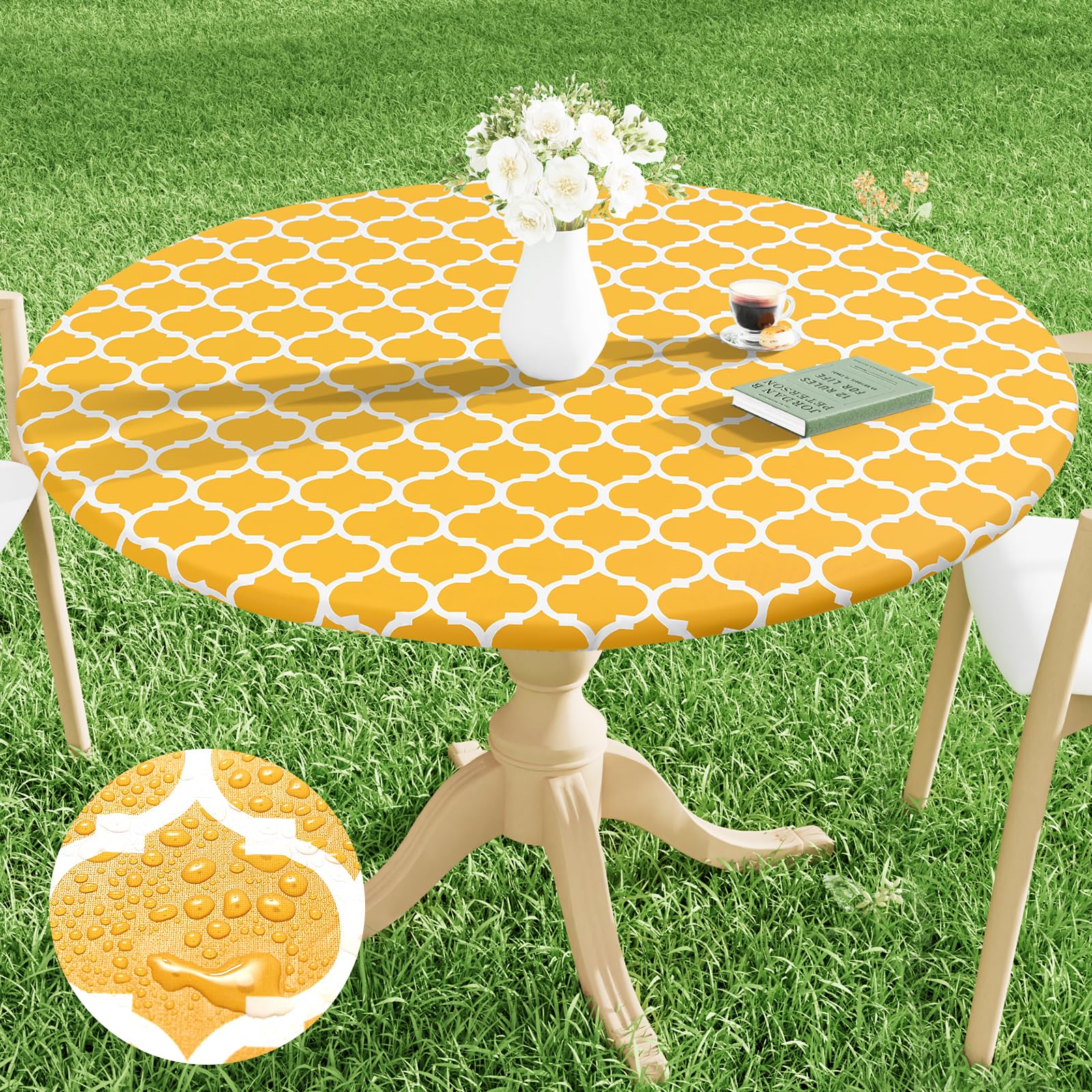 Smiry Round Picnic Tablecloth, Waterproof Elastic Fitted Table Covers For 36' - 44' Tables, Wipeable Flannel Backed Vinyl Tablecloths For Camping, Indoor, Outdoor, Mustard Yellow & White