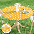 Smiry Round Picnic Tablecloth, Waterproof Elastic Fitted Table Covers For 45' - 56' Tables, Wipeable Flannel Backed Vinyl Tablecloths For Camping, Indoor, Outdoor, Mustard Yellow & White