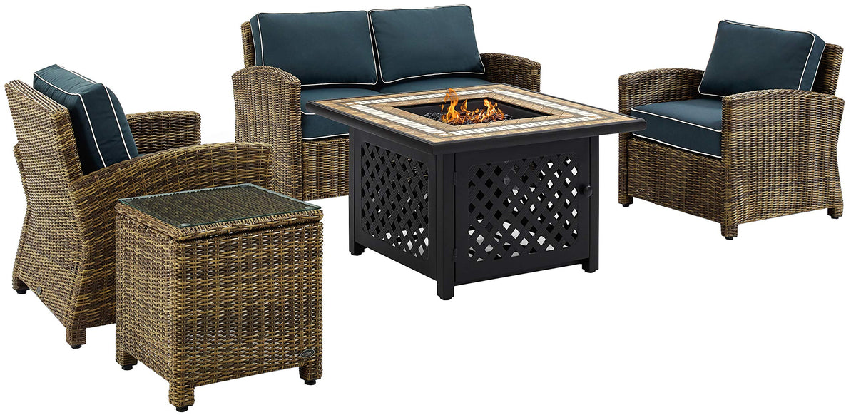 Crosley Furniture Bradenton 5-Piece Wicker Outdoor Loveseat Patio Furniture Set with Gas Fire Pit Table, Brown with Navy Cushions