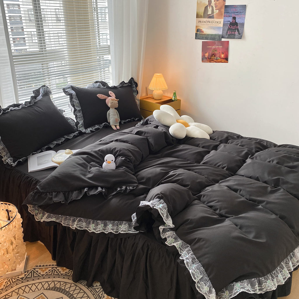 Moowoo Chic Ruffle Lace Polyester Duvet Cover Set -Girl Black Bedding-3 Piece Queen Duvet Cover With Zipper Closure -Ultra Soft
