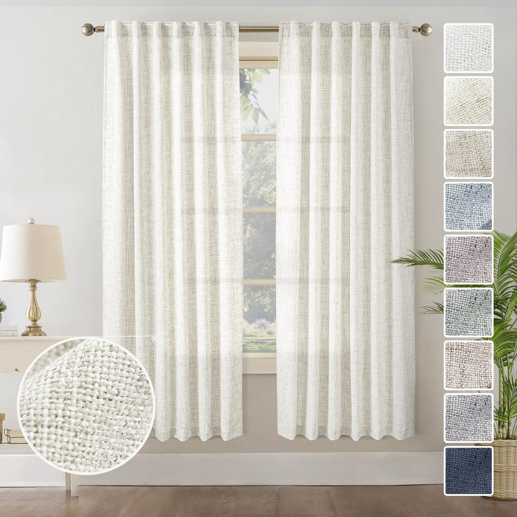 Natural Living Room Linen Textured Curtains 63 Inch Length 2 Panels Cream Farmhouse Boho Back Tab Light Filtering Semi Transpare