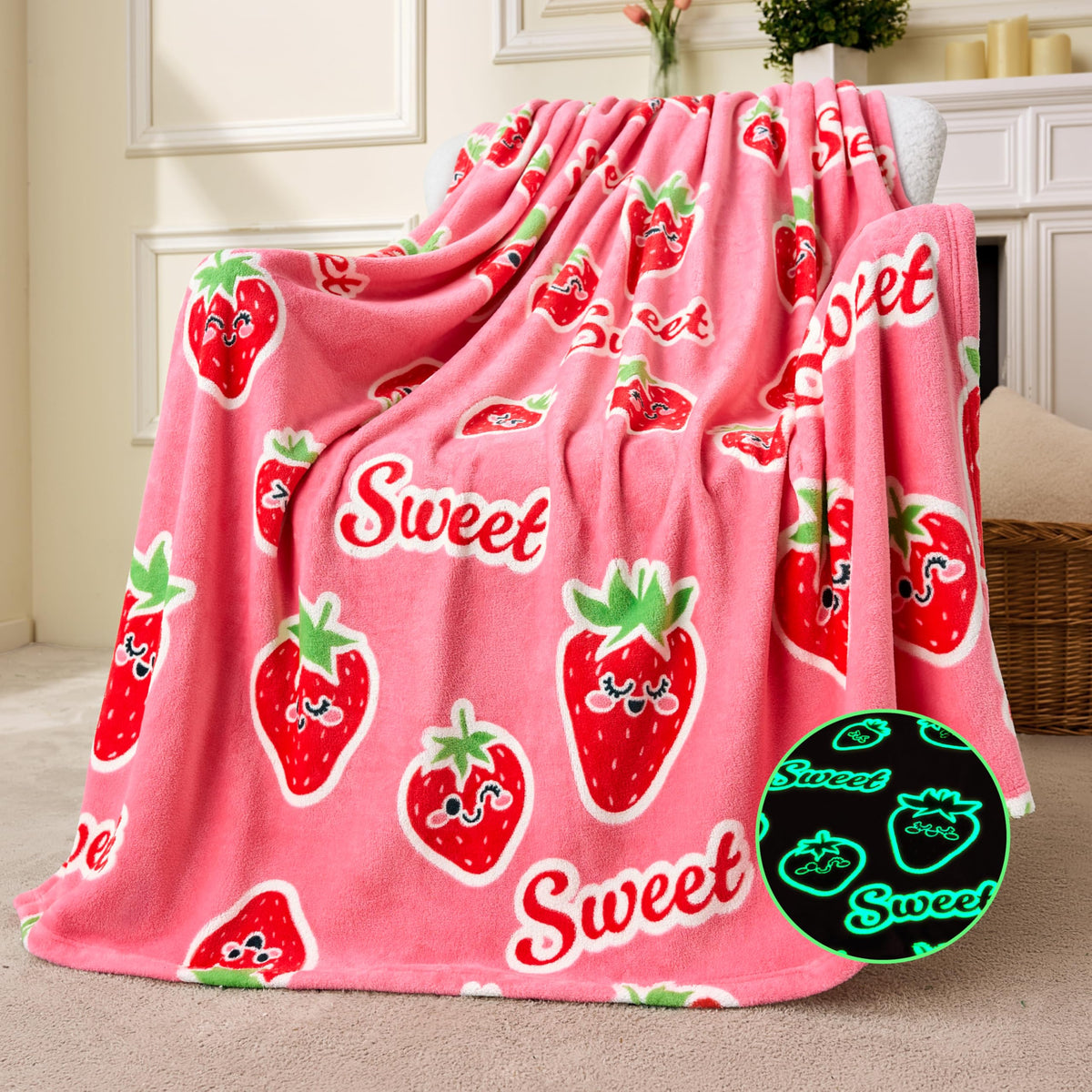 Joiedomi Glow In The Dark Blanket - Strawberry Gift For Girls Age 2 3 4 5 6 7 8 9 10 11 12 Year Old - Soft Cozy Flannel Kids Thr
