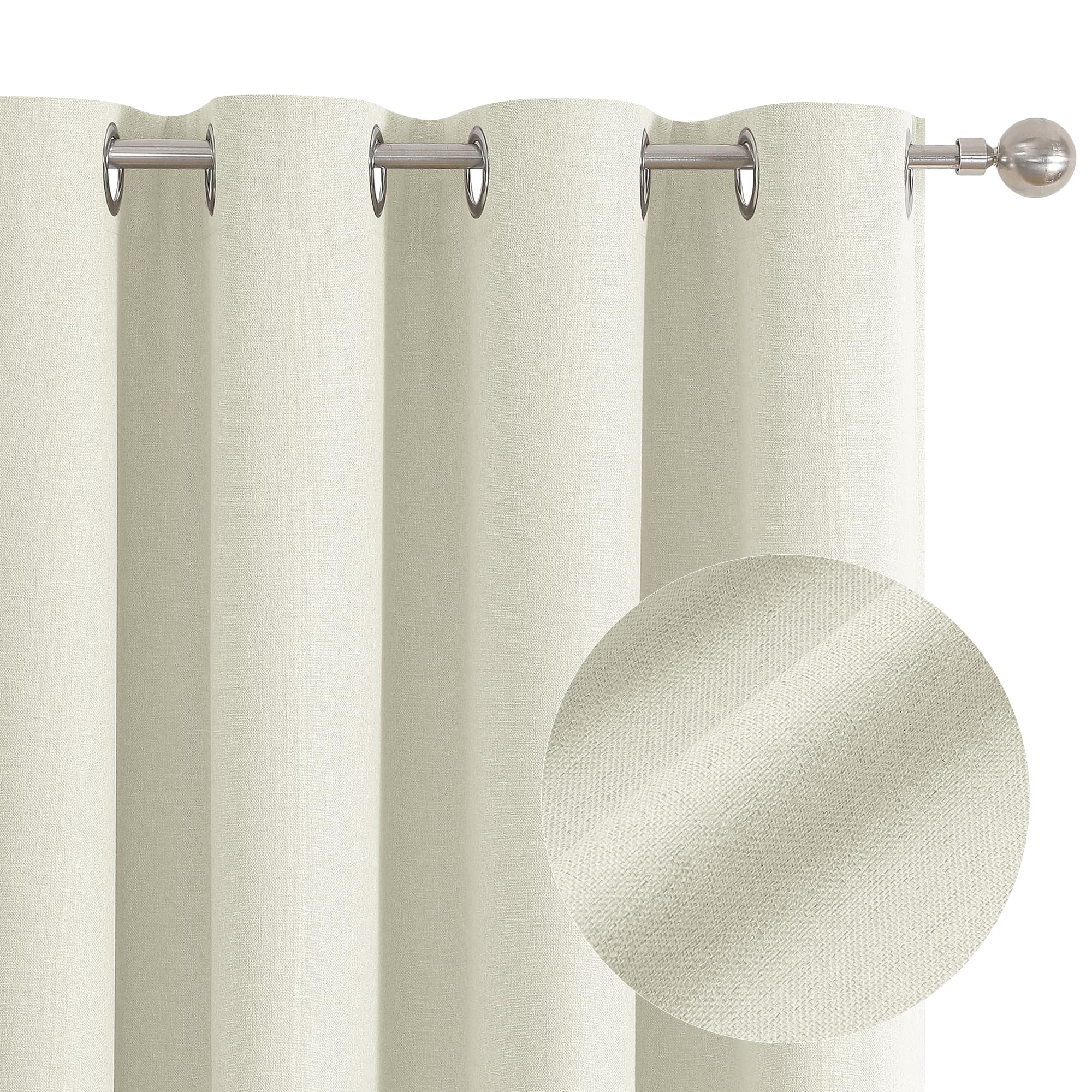 100% Blackout 90 Inch Curtains for Living Room Ivory White Linen Textured Thermal Curtain Drapes Sun Block Heat Reducing for Aes