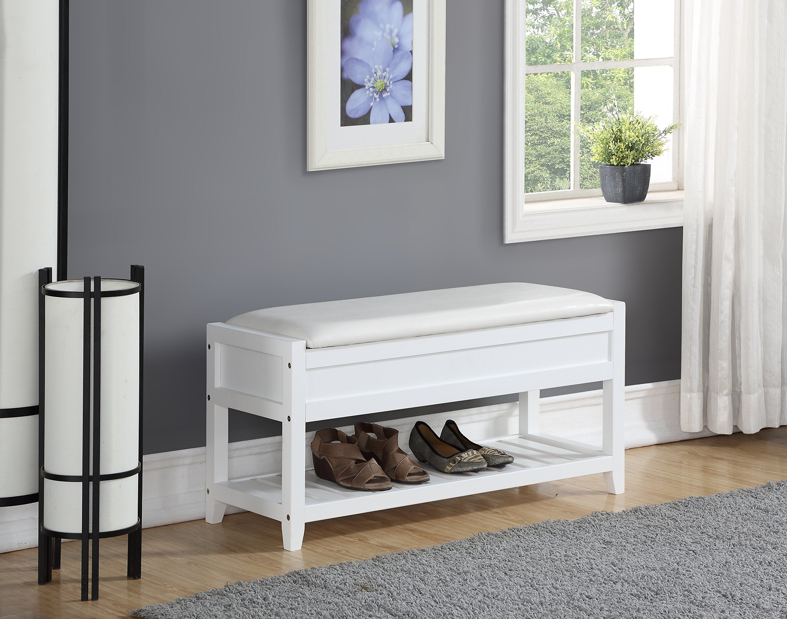 Roundhill Furniture Rouen Clean White Seating Bench With Shoe Storage,