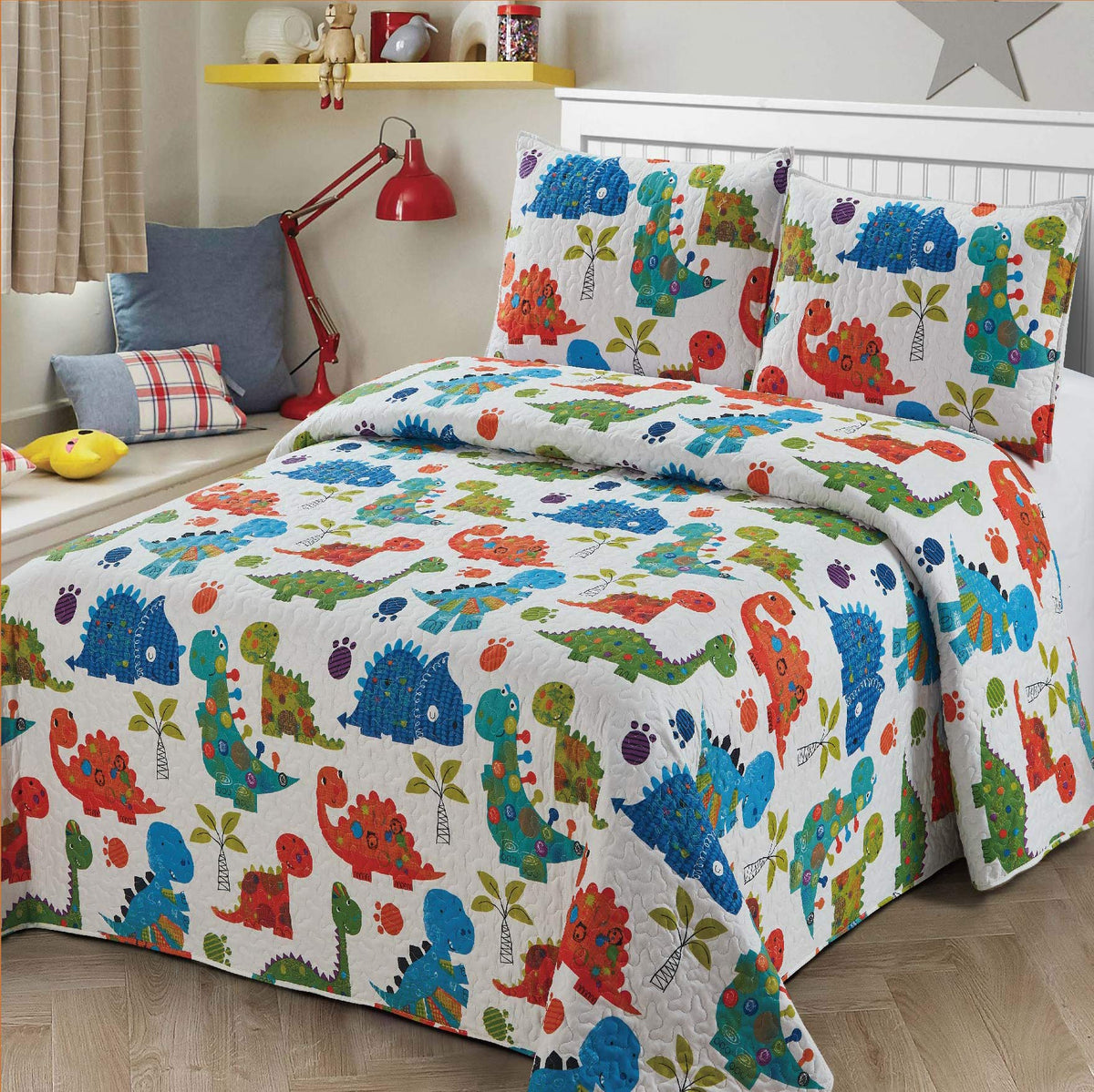 3Pc Full/Queen Size Quilt Bedspread Kids/Teens Boys Girls Dinosaurswhite Blue Green Orange Baby Dinosaours Multicolor Bedding Ne