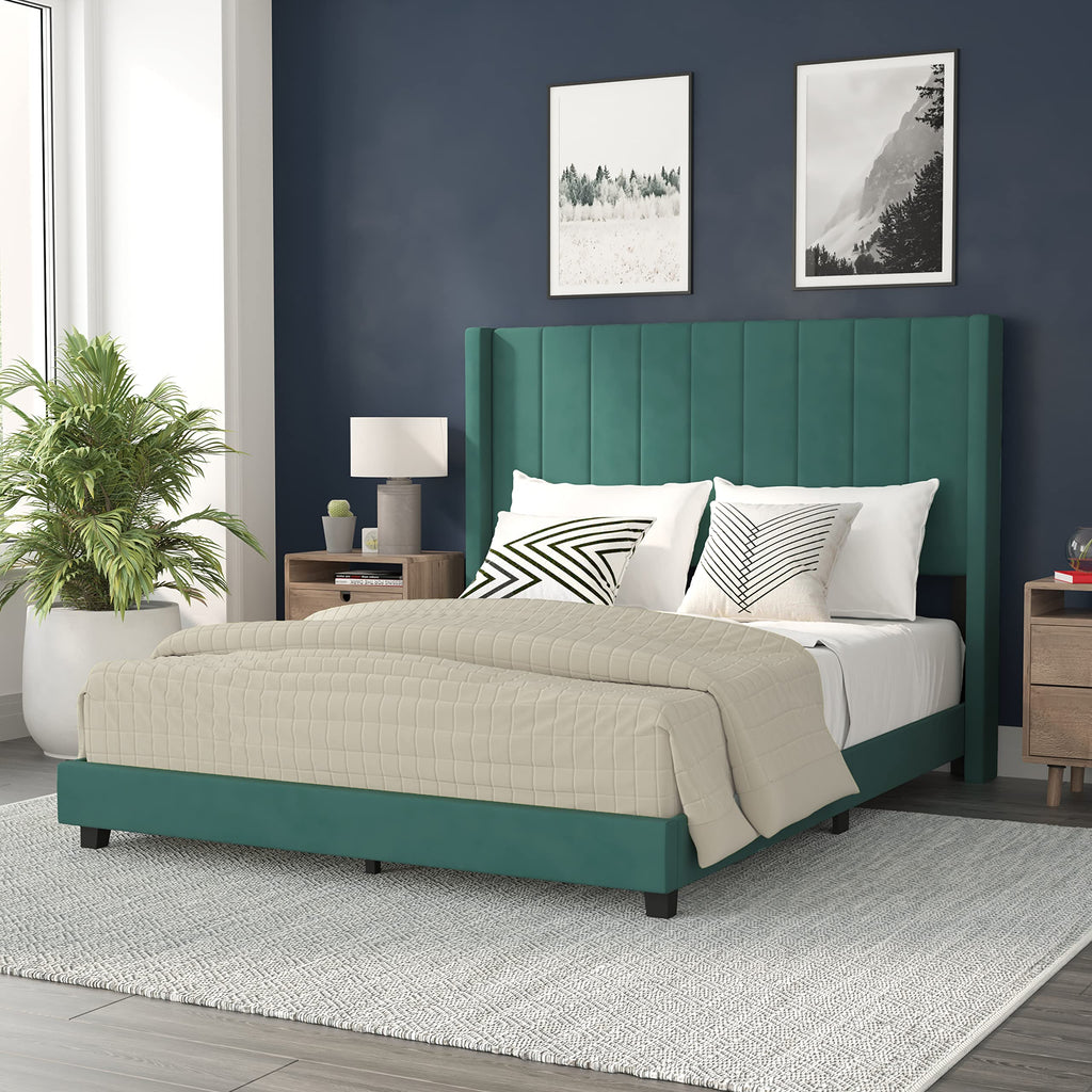 Flash Furniture Bianca Upholstered Platform Bed - Emerald Velvet Upholstery - Queen - Wingback Headboard - Slatted Mattress Foundation - No Box Spring Needed