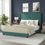 Flash Furniture Bianca Upholstered Platform Bed - Emerald Velvet Upholstery - Queen - Wingback Headboard - Slatted Mattress Foundation - No Box Spring Needed