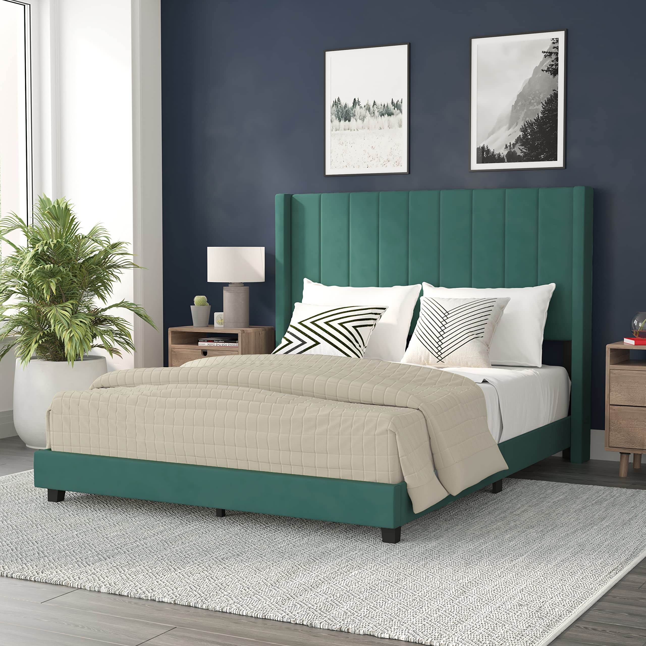 Flash Furniture Bianca Upholstered Platform Bed - Emerald Velvet Upholstery - Queen - Wingback Headboard - Slatted Mattress Foundation - No Box Spring Needed