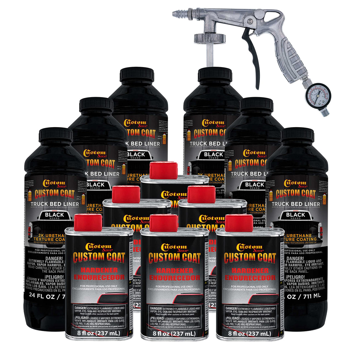 Custom Coat Black 1.5 Gallon (6 Quart) Urethane Spray-On Truck Bed Liner Kit With Spray Gun And Regulator - Easy 3 To 1 Mix Rati
