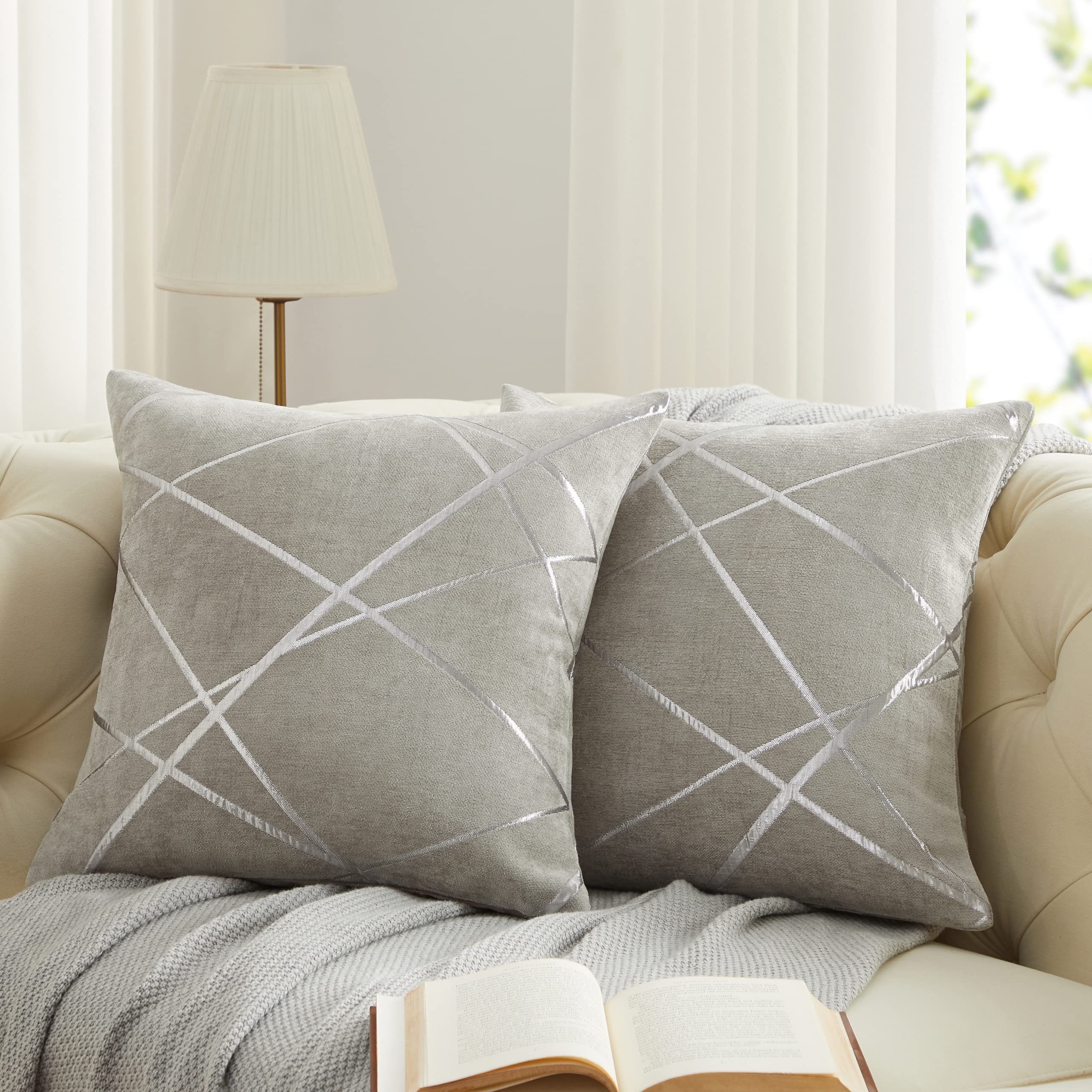 Gigizaza Decorative Grey Throw Pillow Covers 18 X 18,Sofa Thick Silver Stripe Chenille Cushion Pillow Covers,Square Luxury Pillo