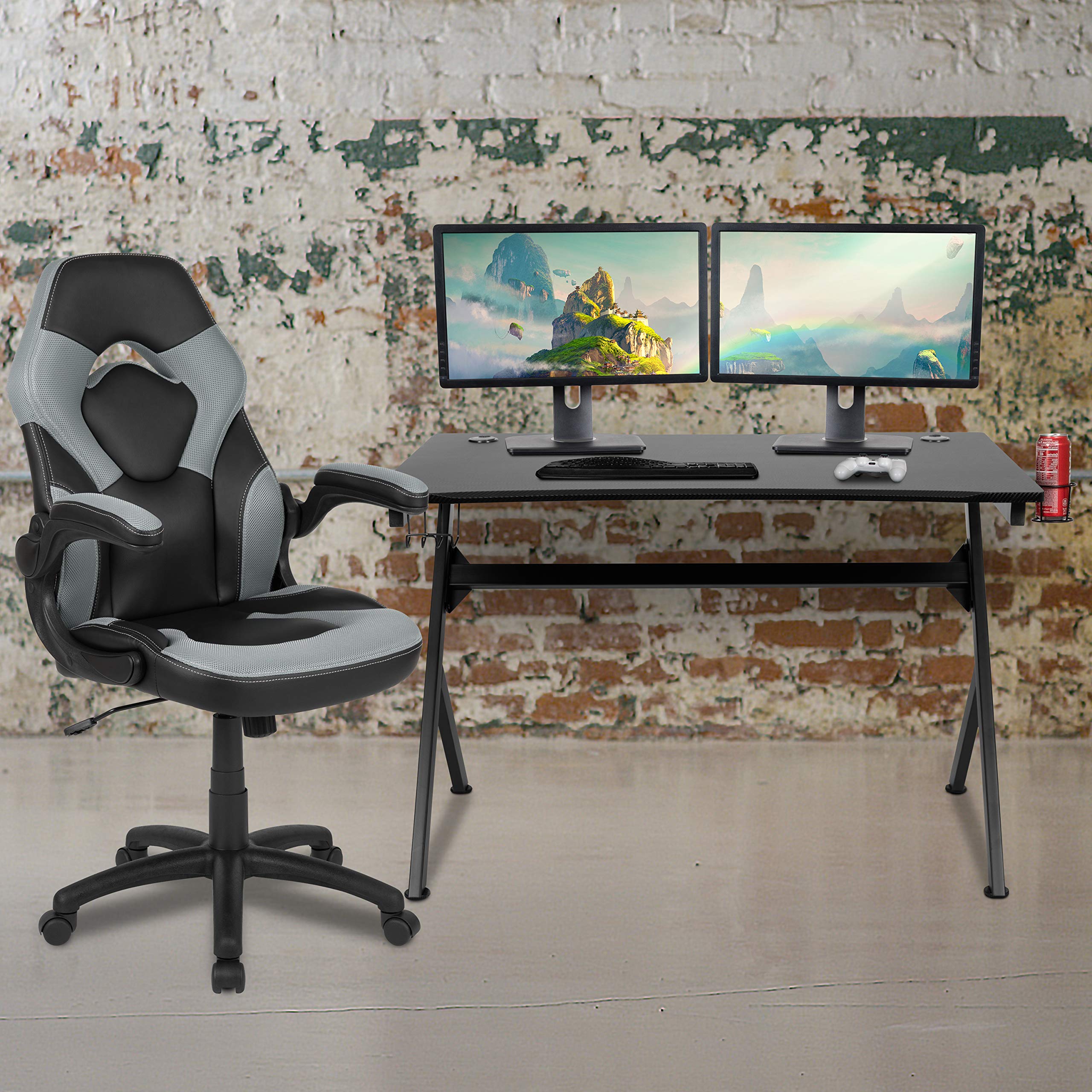 Flash Furniture Optis Black Gaming Desk and Gray/Black Racing Chair Set with Cup Holder, Headphone Hook & 2 Wire Management Holes