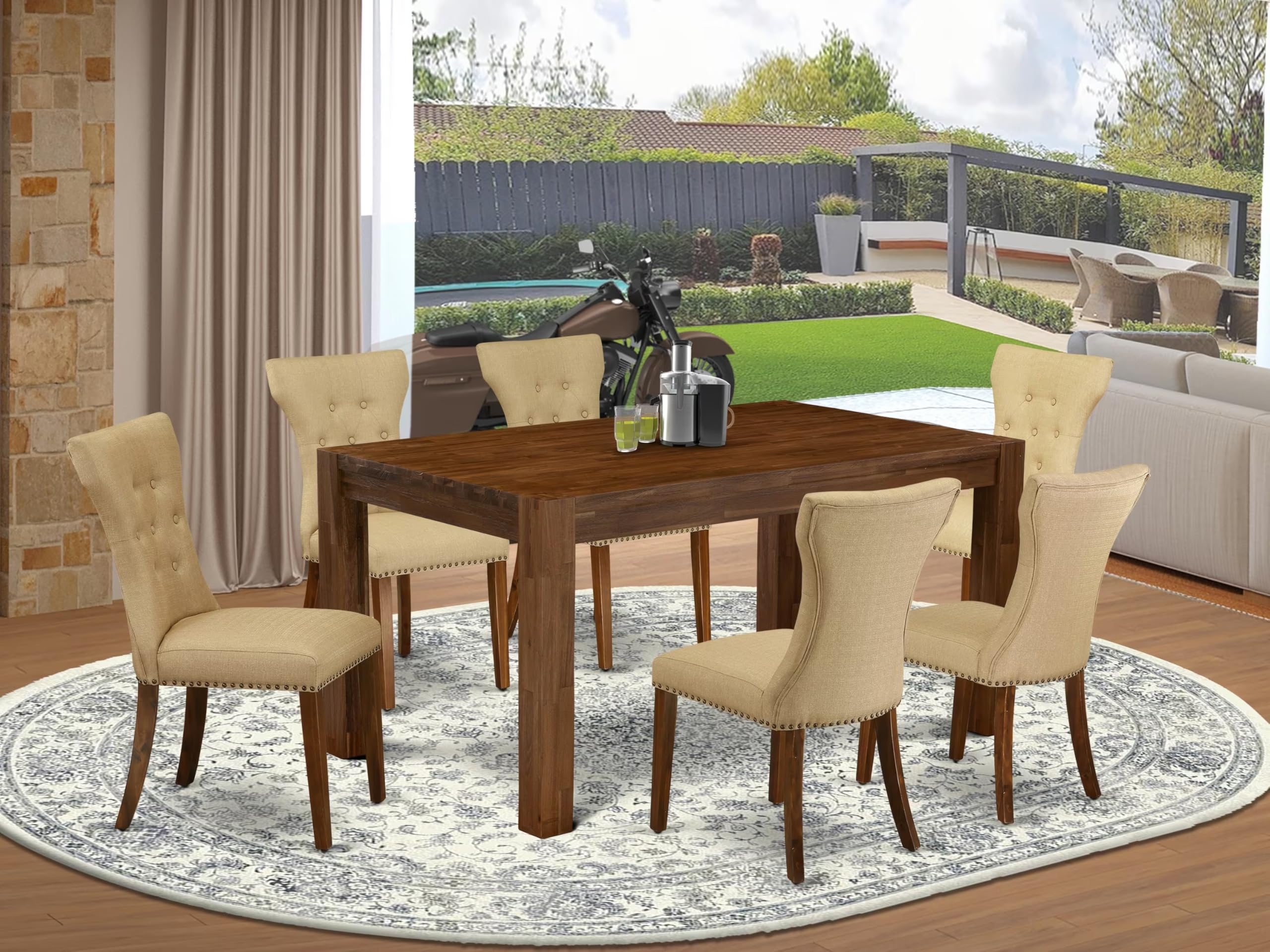 East West Furniture Cnga7-N8-03 7 Piece Kitchen Table & Chairs Set Consist Of A Rectangle Rustic Wood Dining Room Table And 6 Brown Linen Fabric Parson Chairs, 36X60 Inch, Natural