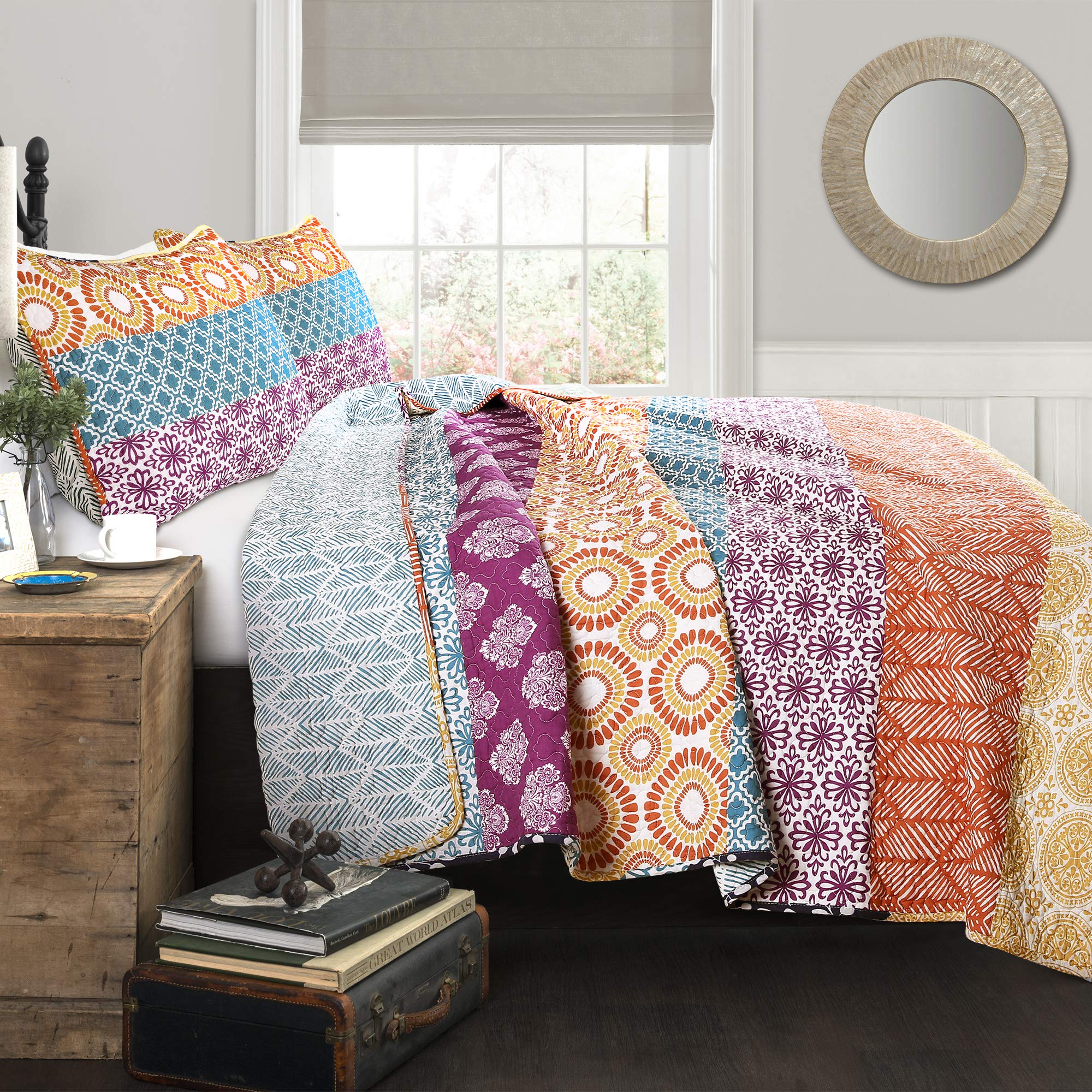 Lush Decor Bohemian Stripe Reversible Cotton Duvet Cover Set, King, Fuchsia & Orange