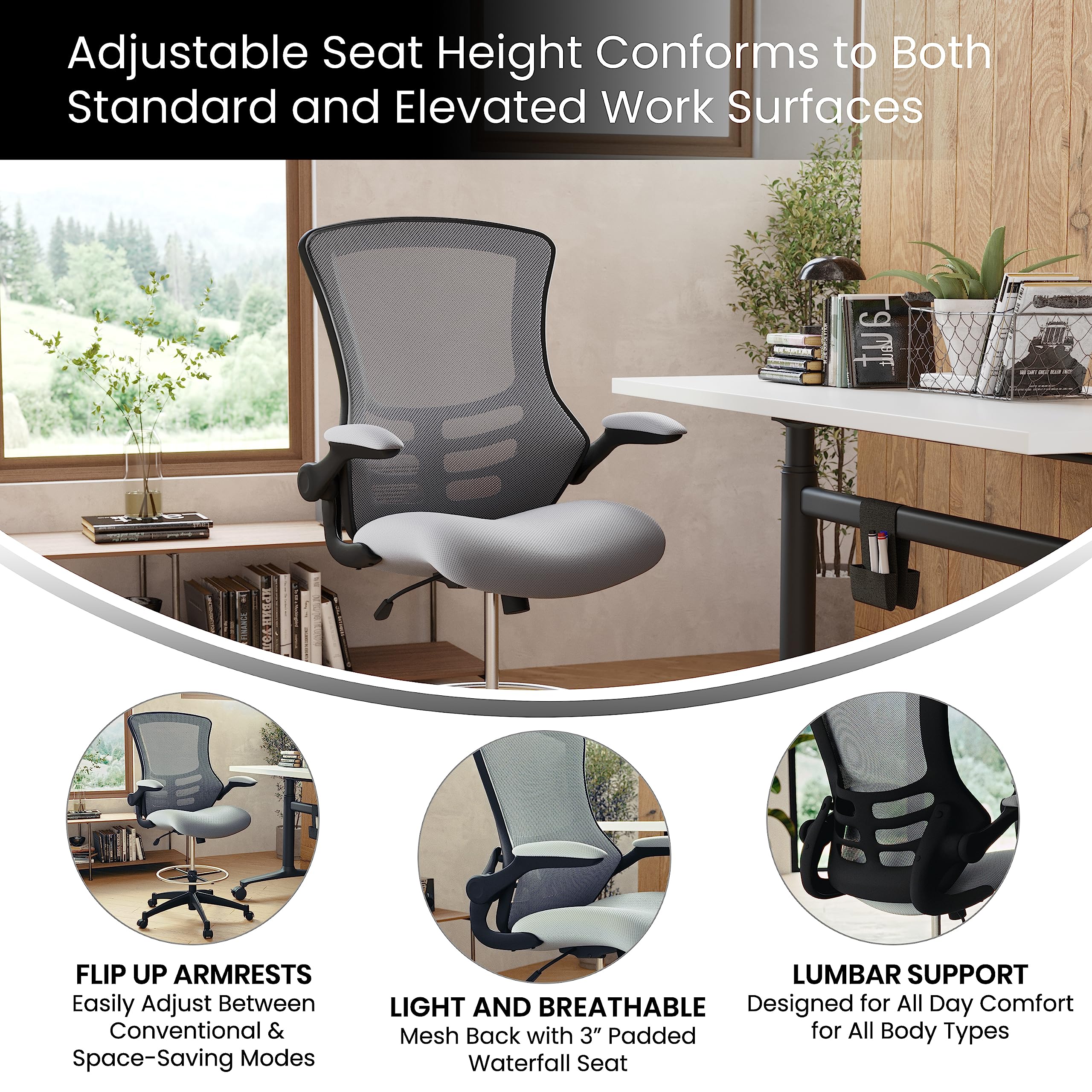 Flash Furniture Kelista Mid-Back Swivel Office Chair with Adjustable Seat Height, Ergonomic Mesh Desk Chair with Flip-Up Armrests, Dark Gray