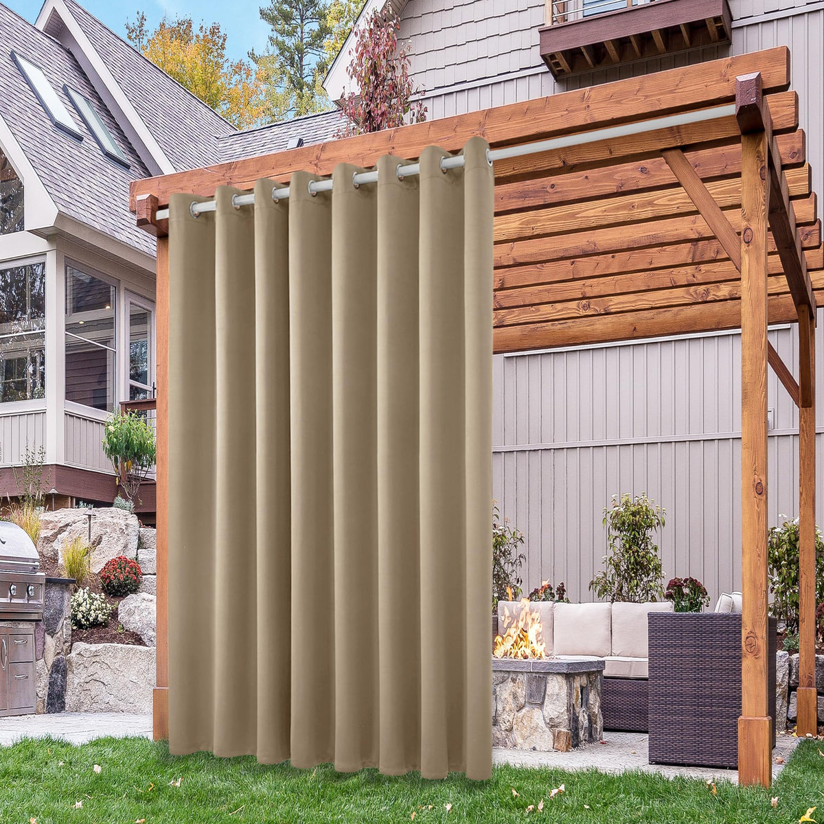 Deconovo Outdoor Blackout Curtains For Patio 96 Inches Long - Solid Waterproof Taupe Grommet Blackout Curtains For Gazebo And Ba
