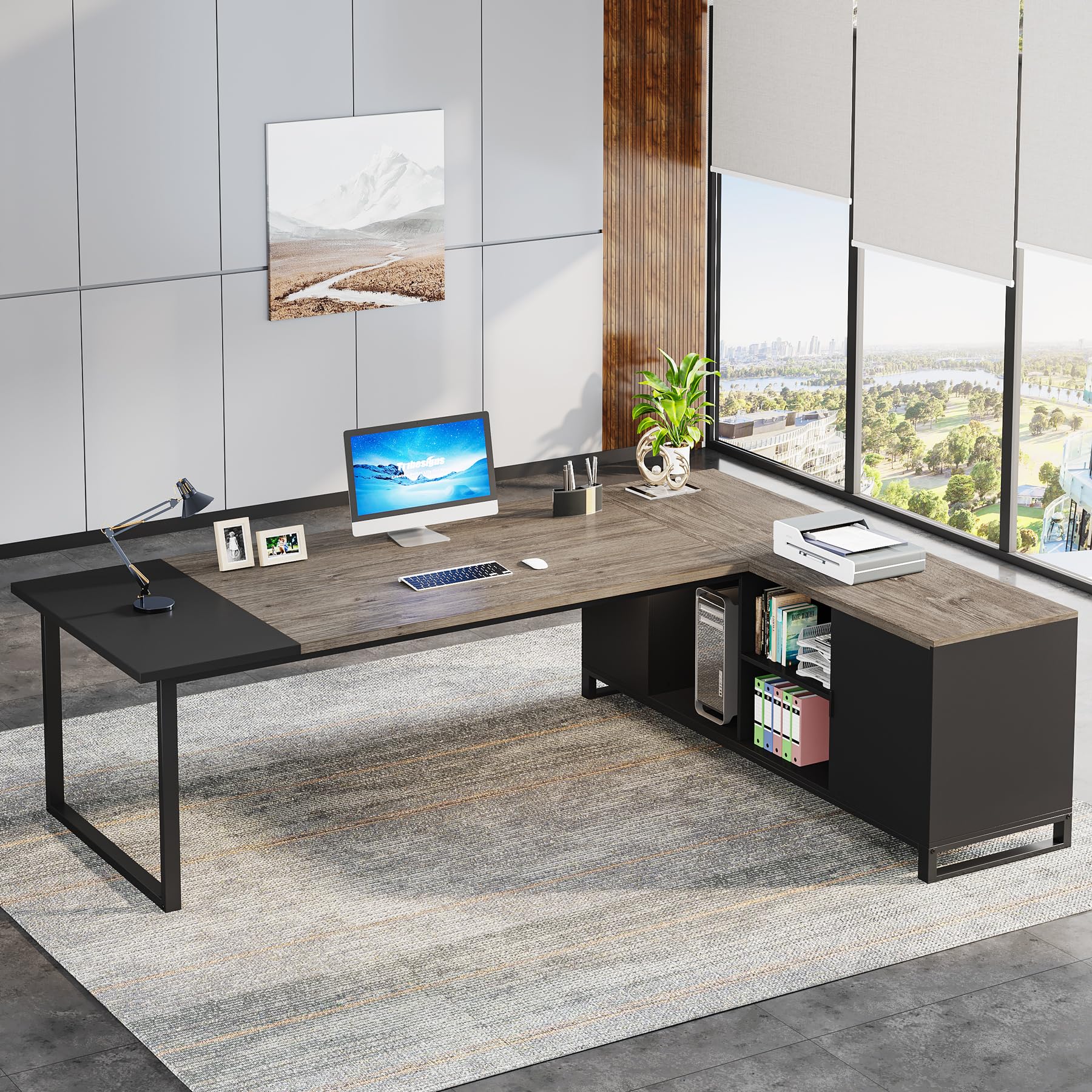 Tribesigns 70.8 Executive Desk with 55 File Cabinet, Industrial L Shaped Computer Desk with Storage Shelves and Cabinet, Large L