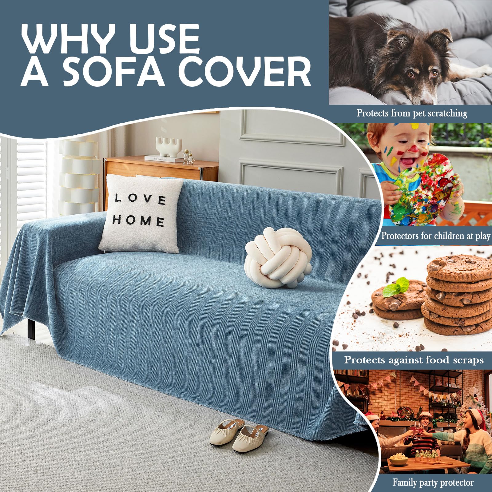 Handontime Couch Slipcover Dog Sofa Covers Boho Couch Cover For Dogs Blue Sofa Throw Cover Bohemian Sofa Covers For 3 Cushion Couch Herringbone Sectional Couch Cover Slipcovers For Sofas, 91' X118'