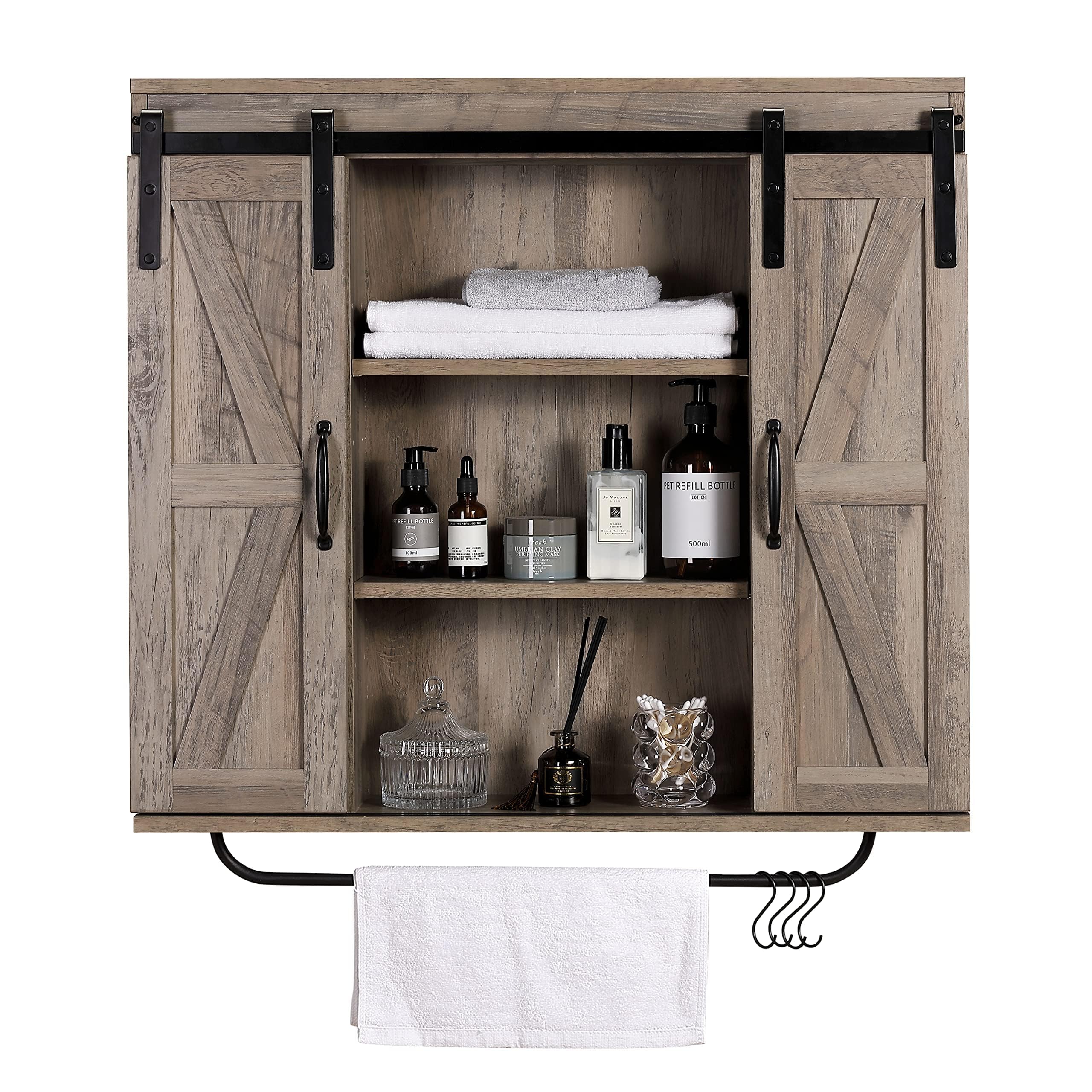 RUSTOWN Rustic Wood Wall Storage Cabinet with Two Sliding Barn Door, 3-Tier Decorative Farmhouse Vintage Cabinet for Kitchen Din