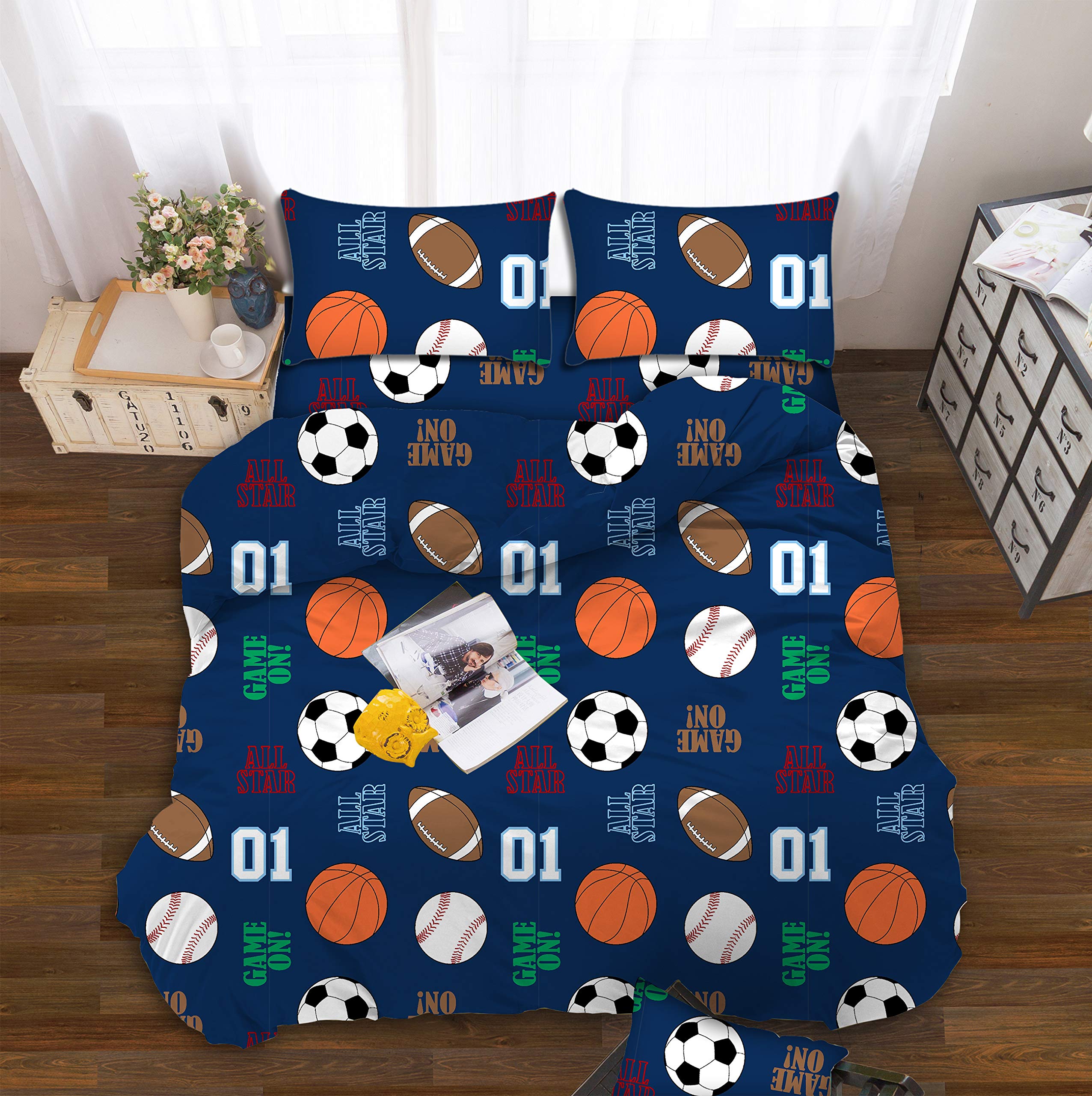 All American Collection Kids Boys Girls Teens Children Soft Comfortable Printed Fitted Flat Bedroom Bed Sheet Set (Full, Dark Bl