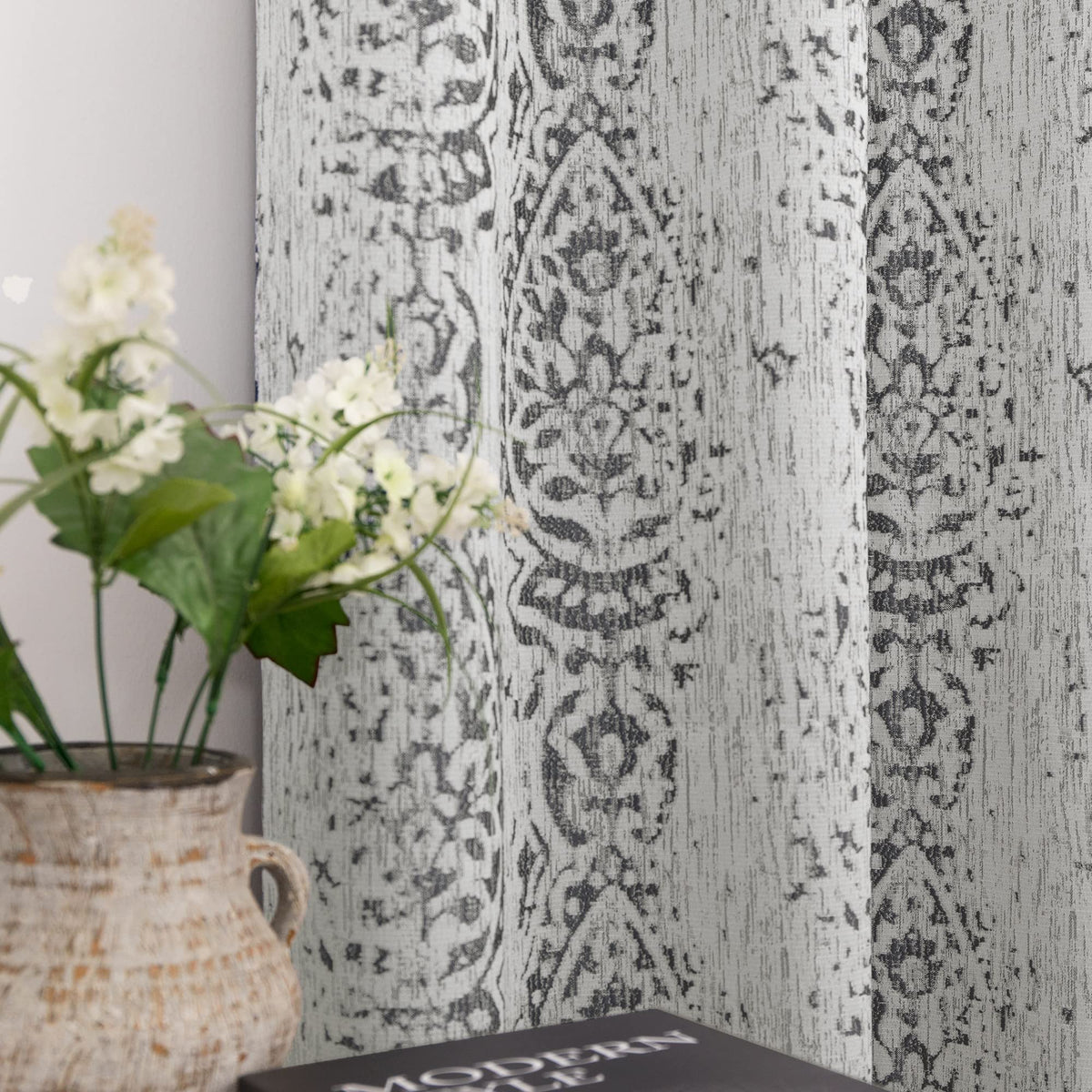 90 Inch Curtains For Bedroom Living Room,Light Filtering Sheer Semi Boho Pattern Grommet Drapes,Grey Gray