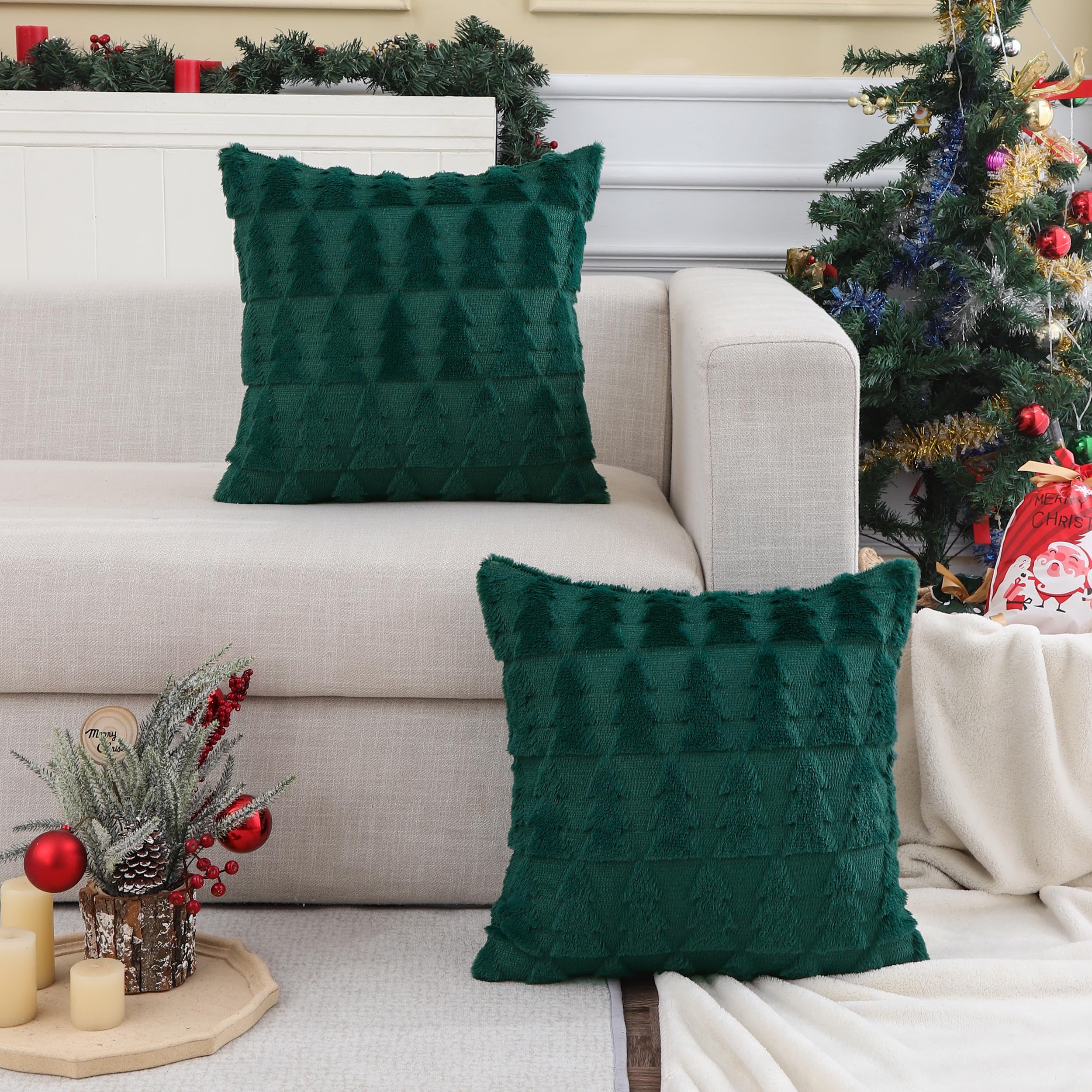 Tosleo Christmas Green Throw Pillow Cover 20 X 20 Inch Set Of 2 Multiple Christmas Tree Pillow Case Soft Fur Fuzzy Cute Decor Pi