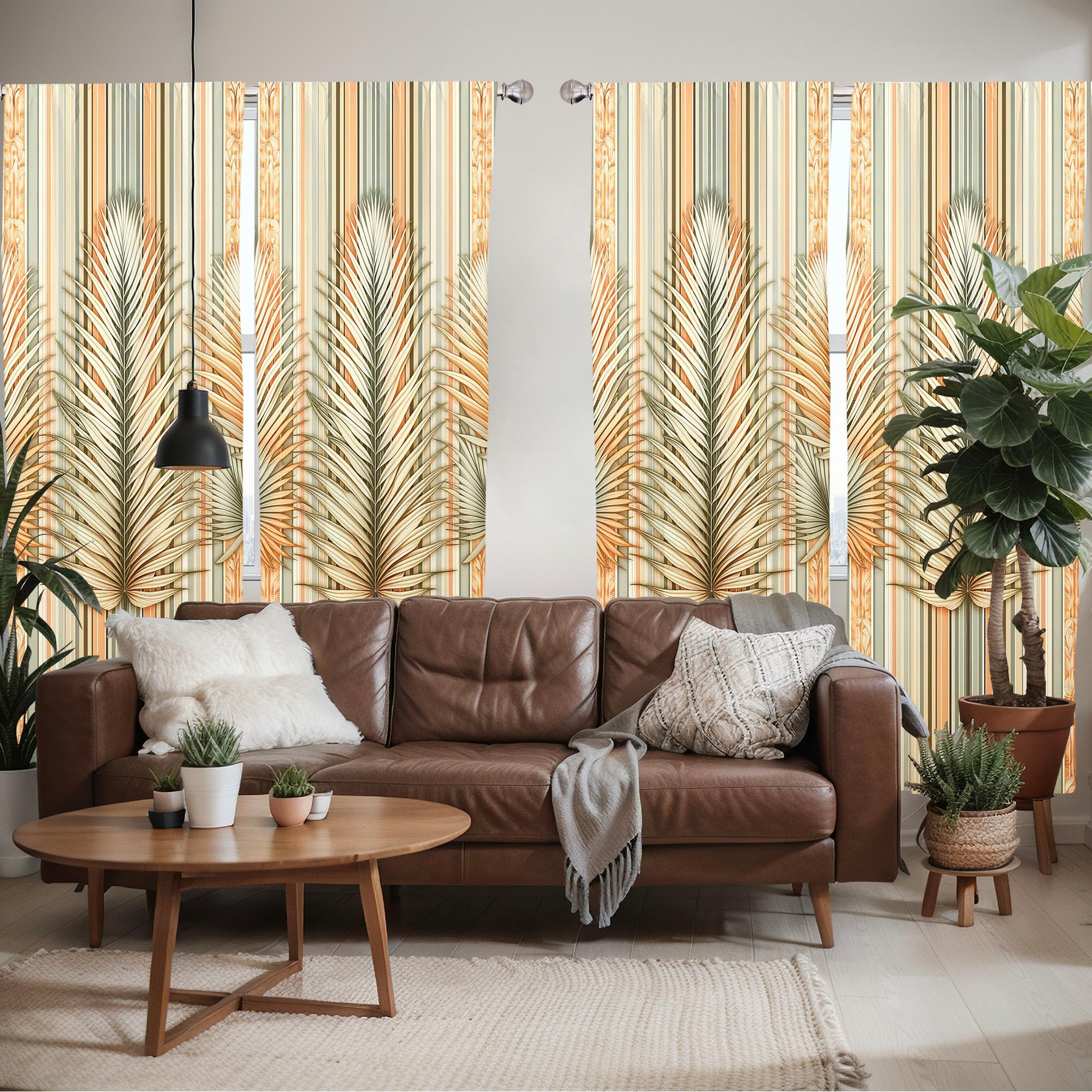 Ambesonne Exotic Window Curtains Pack Of 2, Vintage Tropical Jungle Leaf On Soft Nostalgic Stripes Pattern, Lightweight Set With