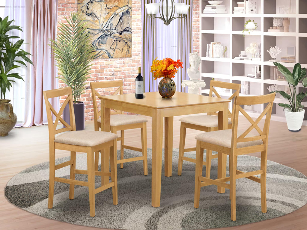 East West Furniture PUBS5-OAK-C 5 Piece Counter Height Dining Set Includes a Square Dinette Table and 4 Linen Fabric Kitchen Dining Chairs, 36x36 Inch, Oak