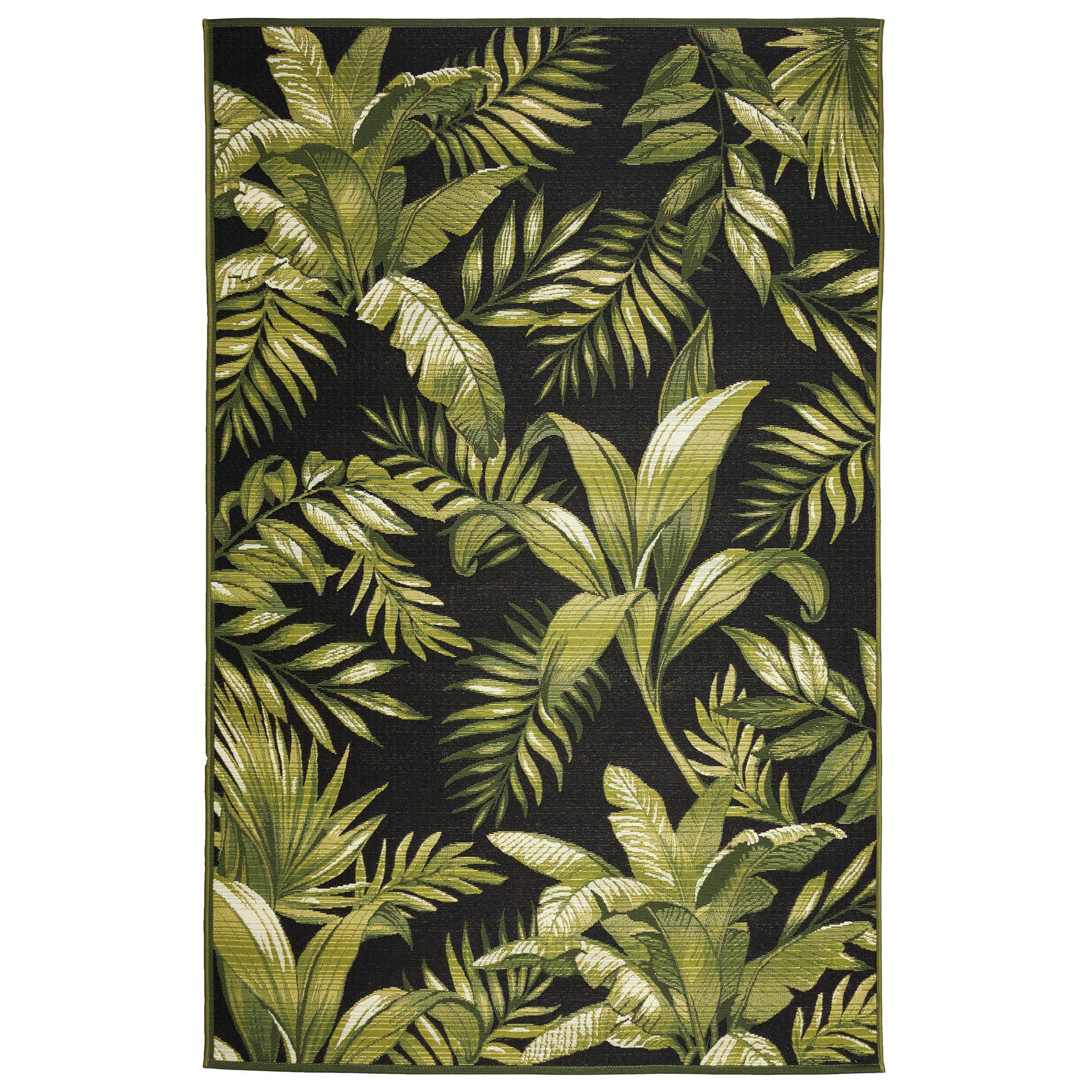 Liora Manne Marina Indoor/Outdoor Power Loomed Synthetic Blend Low Profile Area Rug - Transitional Graphic Botanical Beach Camping (Jungle Leaves Black) (3'3' X 4'11')