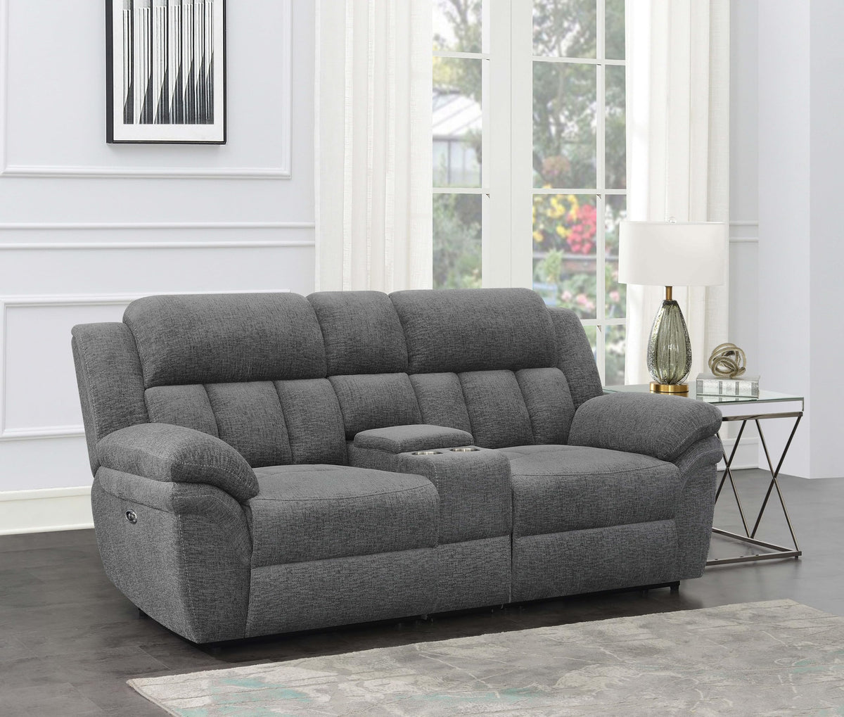 Coaster Bahrain Upholstered Modern Chenille Power Loveseat in Charcoal