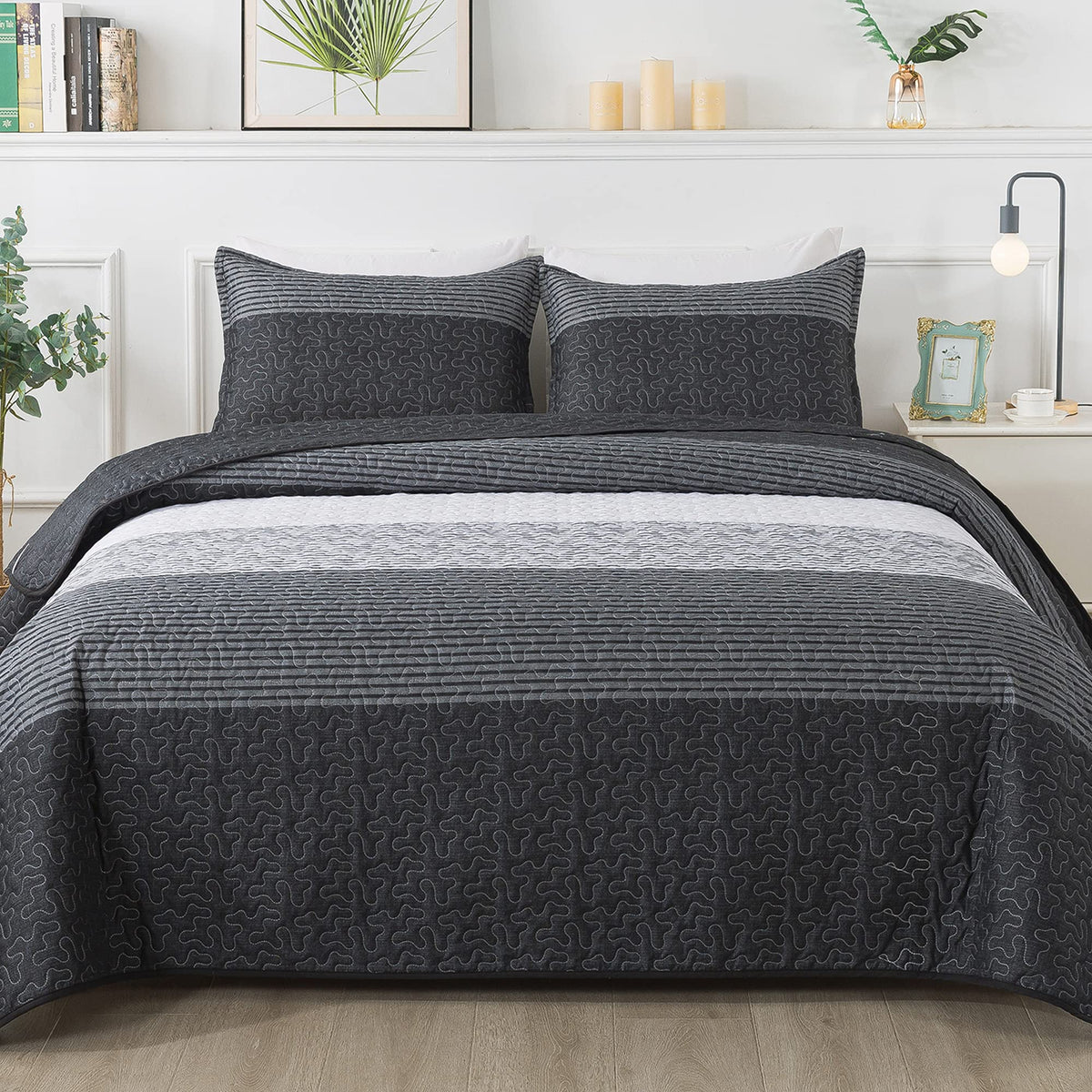 Andency Queen Quilt Bedding Set Black And White And Grey, 3 Pieces Patchwork Striped Ultra Soft Lightweight Bedspreads, Coverlet