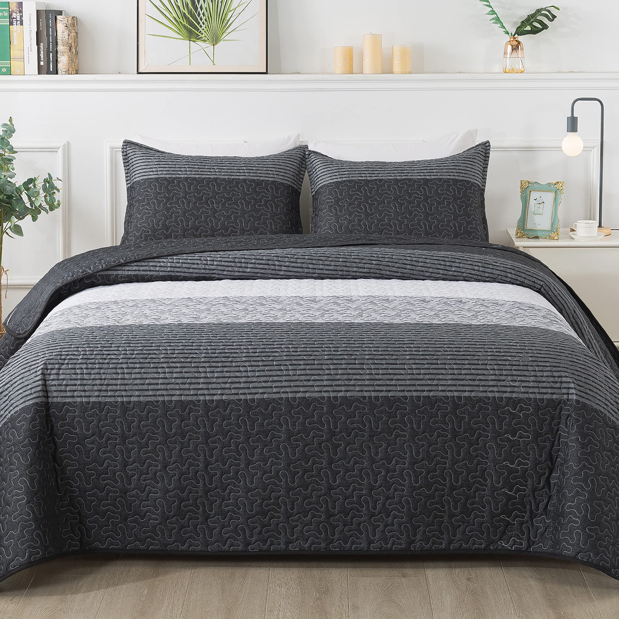 Andency Queen Quilt Bedding Set Black And White And Grey, 3 Pieces Patchwork Striped Ultra Soft Lightweight Bedspreads, Coverlet