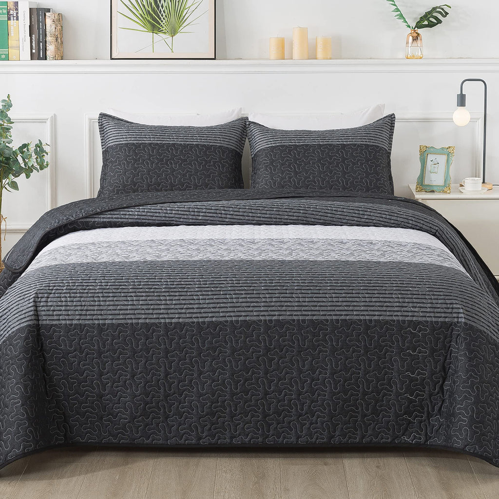 Andency Black White Striped Oversized King Quilt Set, 3 Pieces (1 Quilt And 2 Pillowcases) Patchwork Bedspread Coverlet Set, Soft Lightweight Quilted Bedding Set(128X120Inch