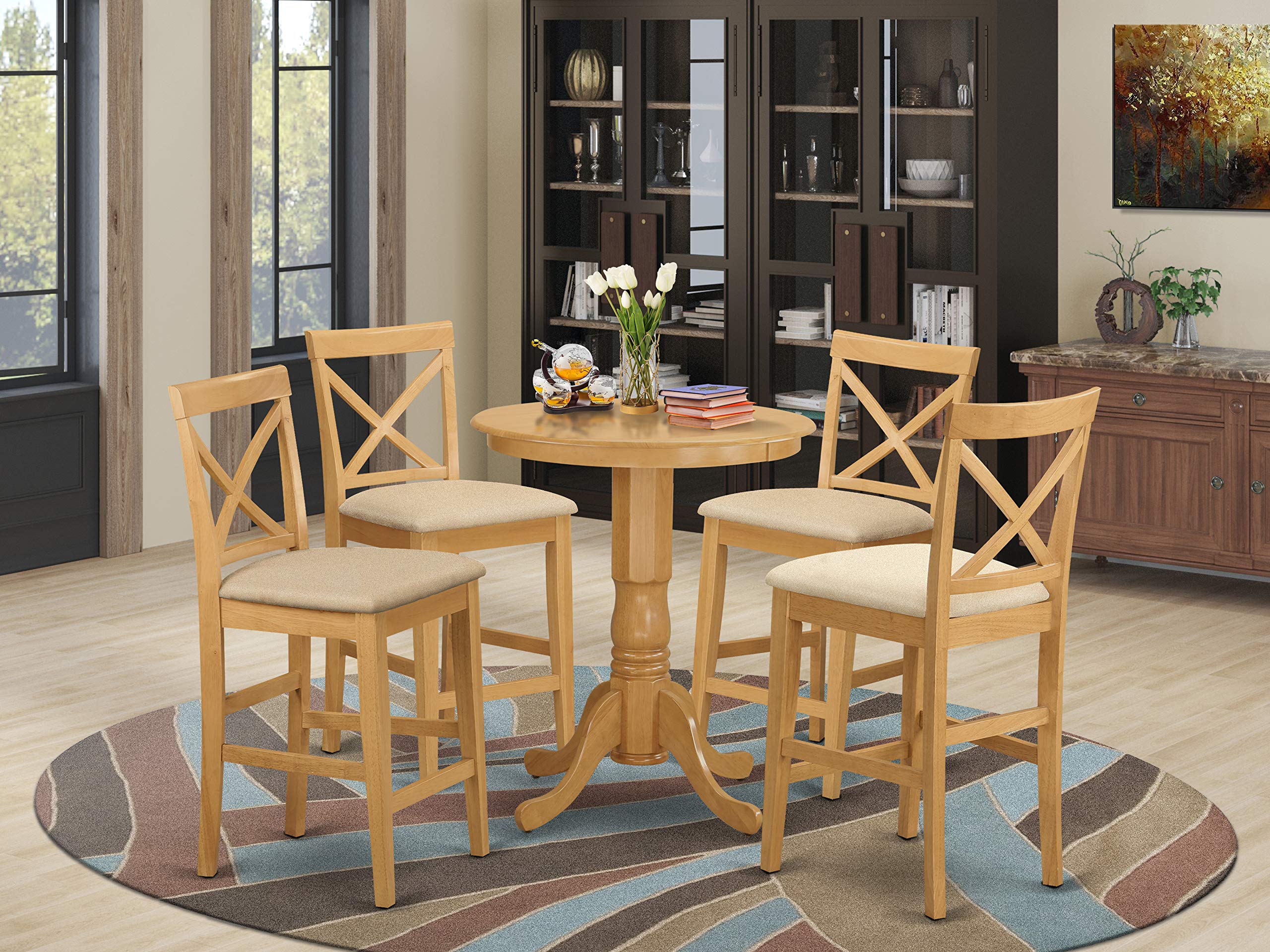 East West Furniture EDPB5-OAK-C 5 Piece Counter Height Dining Set Includes a Round Kitchen Table with Pedestal and 4 Linen Fabric Dining Room Chairs, 30x30 Inch, Oak