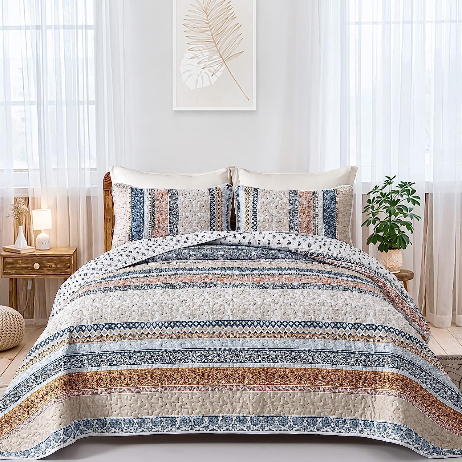 Wongs Bedding Boho Quilt Set Full Size, Yellow Bohemian 3 Pieces Fall Quilt Sets, Blue Lightweight Summer Bedspread Coverlet Bed