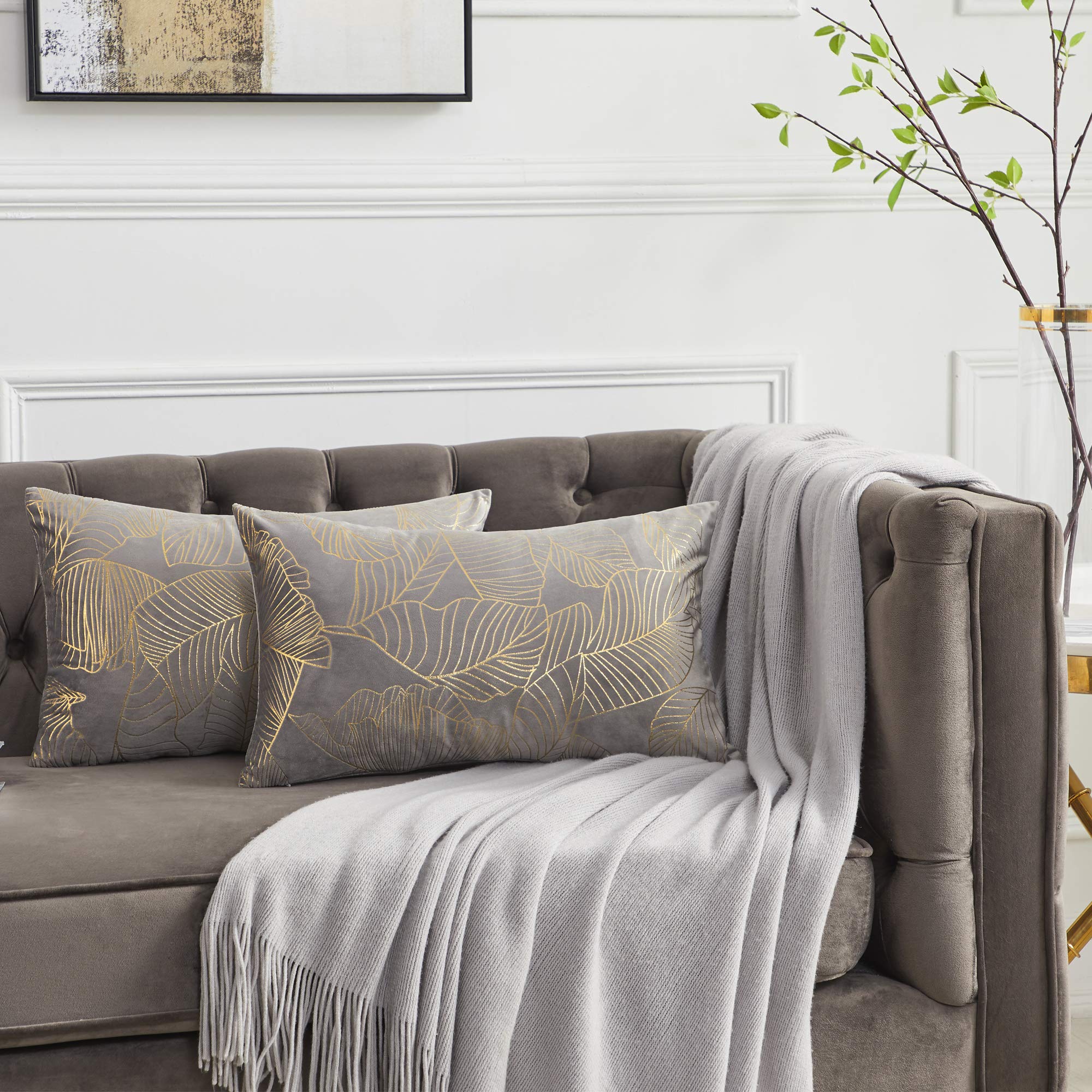 Gigizaza Decorative Throw Lumbar Pillow Covers, 12X20 Gold Grey Leaves Pillow Covers,Fall Cushion Covers For Sofa, Pack Of 2