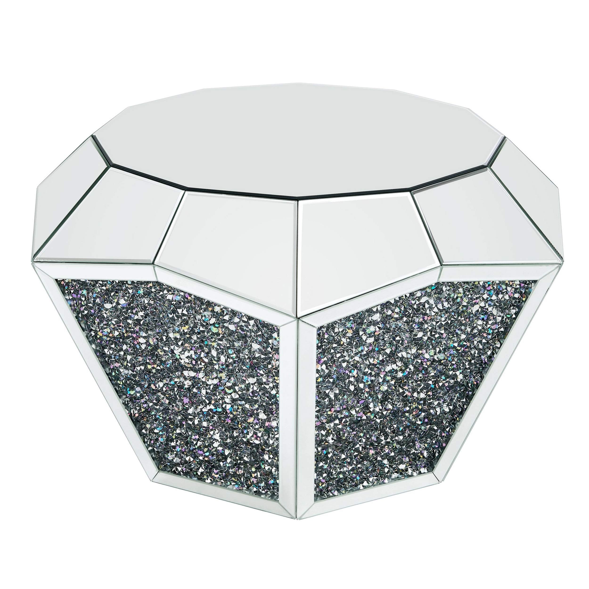 Benjara Mirror Octagonal Shape Coffee Table with Faux Diamond Inlays, Silver