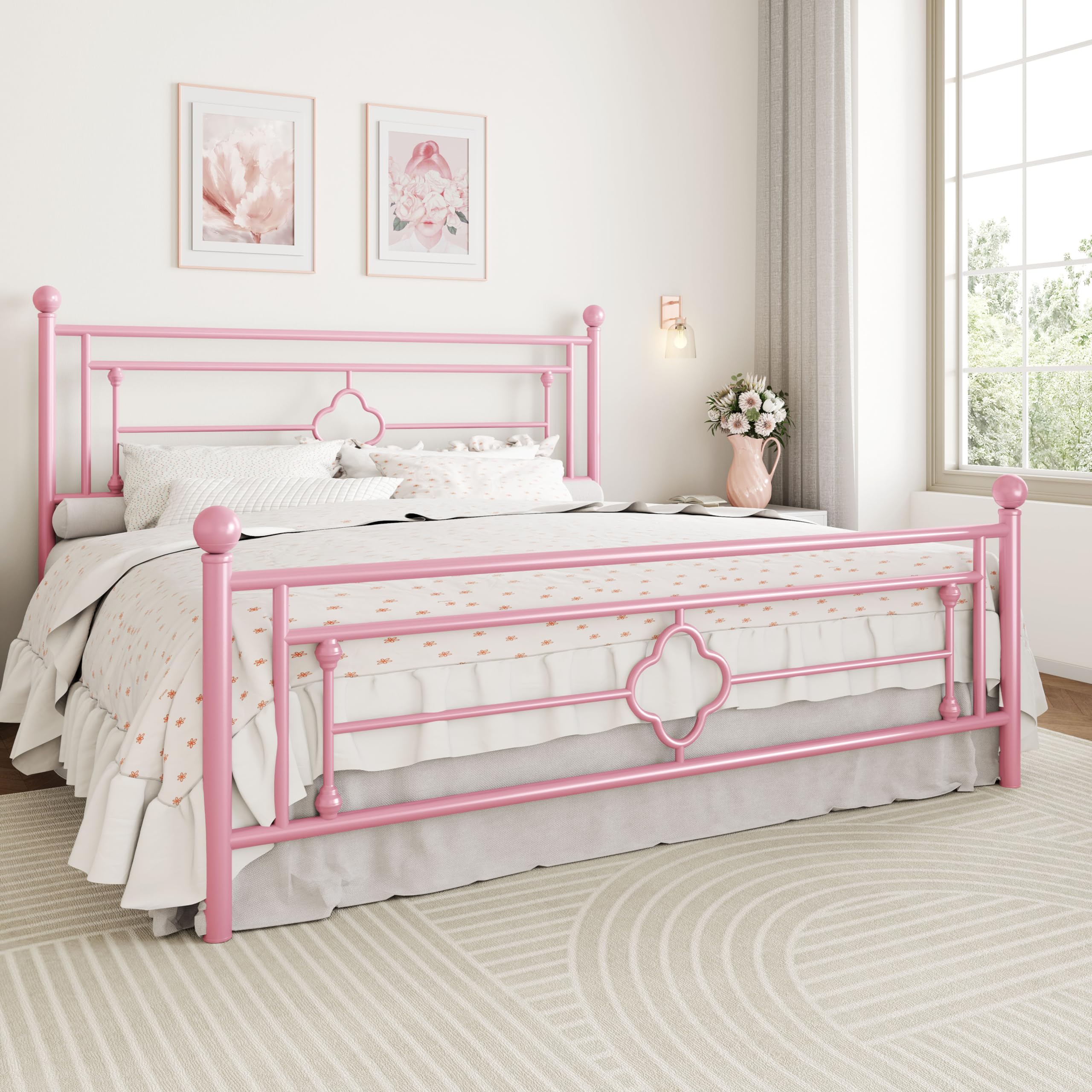 Sha Cerlin 14 Inches King Size Metal Platform Bed Frame/Vintage Iron-Art Headboard And Footboard/Mattress Foundation For Storage/No Box Spring Needed/Noise-Free/Easy Assembly/Pink
